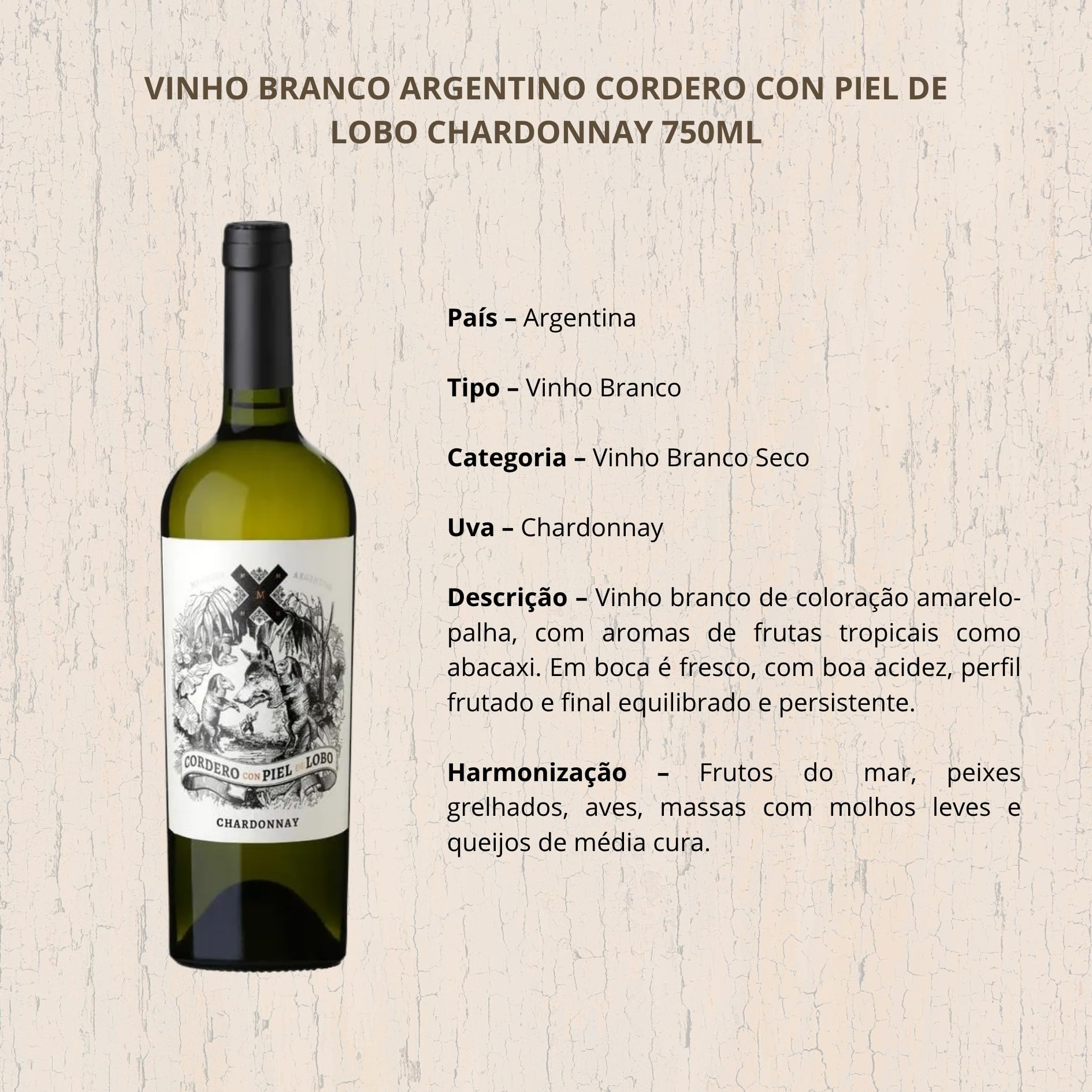 Vinho Branco Argentino Cordero Con Piel de Lobo Chardonnay 750ml