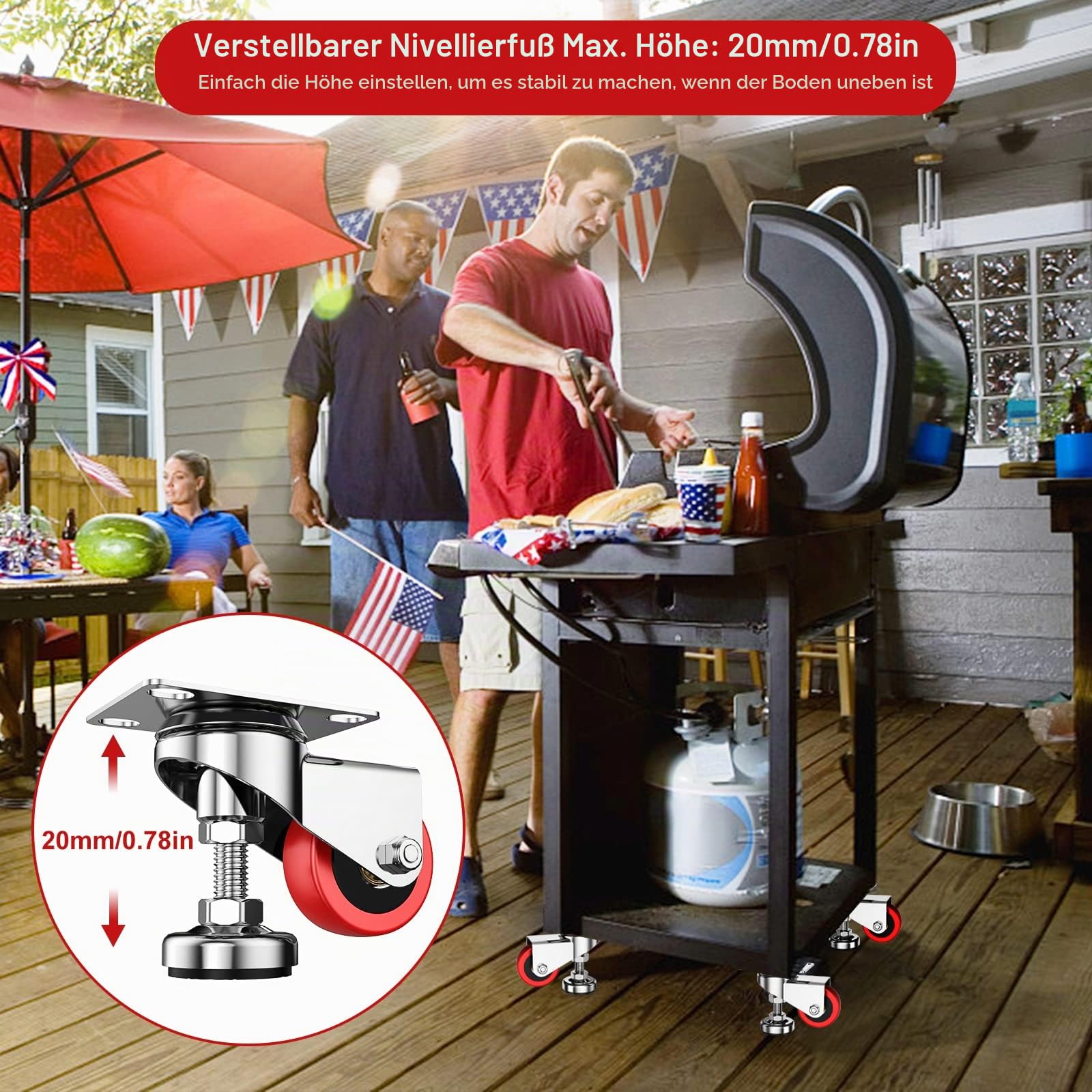 5,1 cm Nivellierplattenrollen mit verstellbarem Anti-Vibrations-Nivellierfußpolster, robuste Lenkrollen für Werkbank, Maschinenausrüstung, Möbel, Rot, 4 Stück, Gesamtkapazität 500 kg