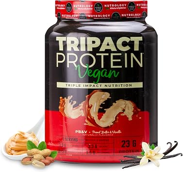 Nutrology TRIPACT Vegan Protein Powder - Organic Pea, Rice & Pumpkin Blend Meal Replacement Shake with BCAAs & Glutamine for Muscle Recovery & Immunity, Peanut Butter & Vanilla Flavor, 20 Servings.