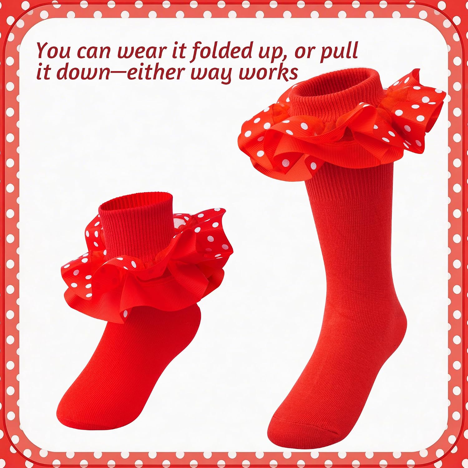 choyaxo Ruffle Socks Big Double Ruffle Trim Cotton Socks for Baby Girls Kids Princess Style Dress Dot Pattern Ankle Socks