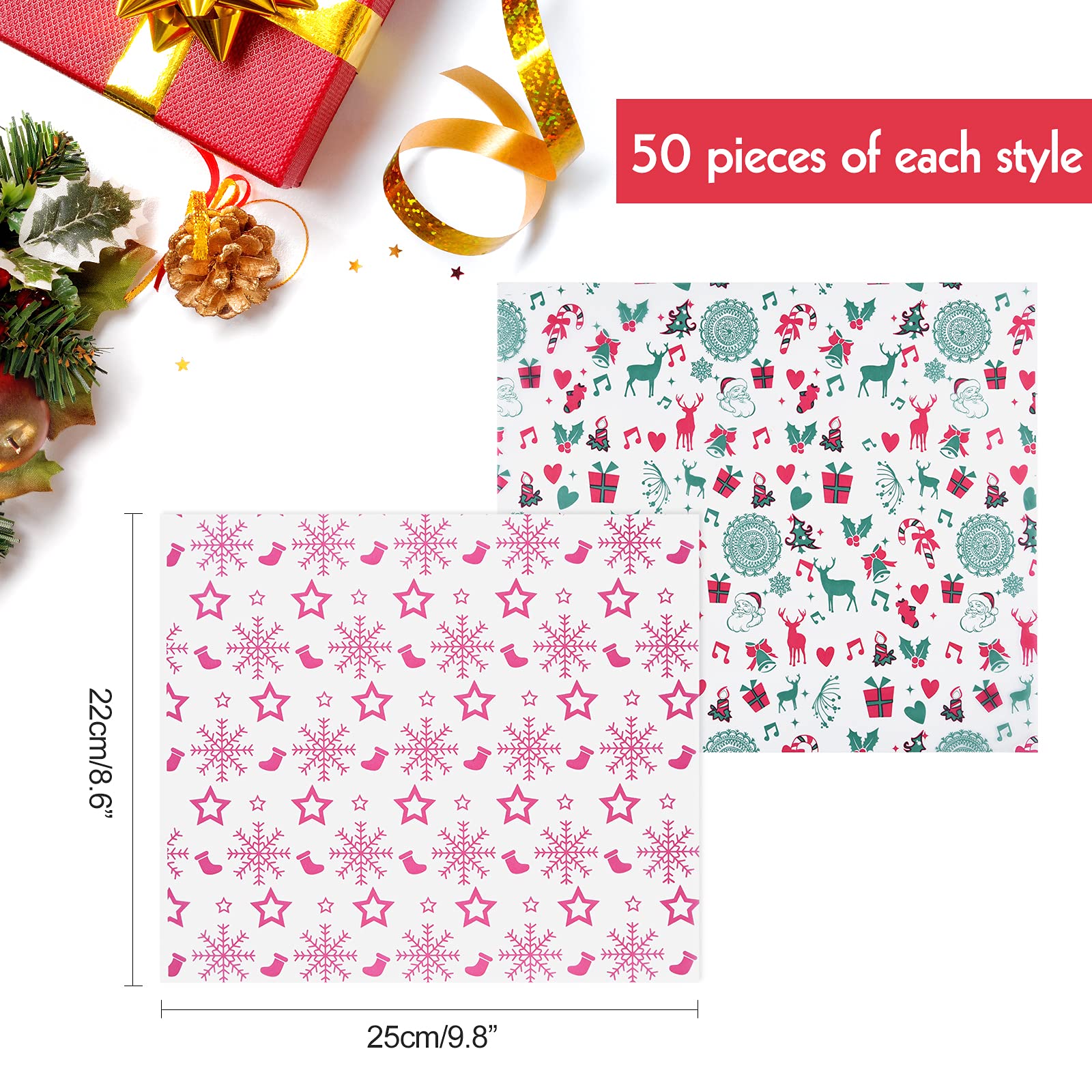 ASTARON 100 pezzi Carta oleata di Natale per l'involucro del cibo, Carta oleata per caramelle, biscotti, panini, carta da imballaggio per alimenti fritti, fodera per cestini