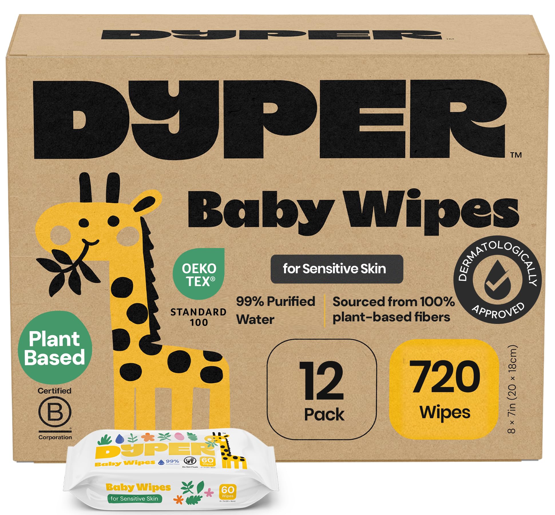 DYPER Baby Wipes Unscented (720 Count) - 99% Water-Based & Hypoallergenic Baby Wipes, Made with Plant-Based Materials, Gentle for Sensitive Skin, Fragrance & Plastic-Free Wet Wipes, 12 Pack