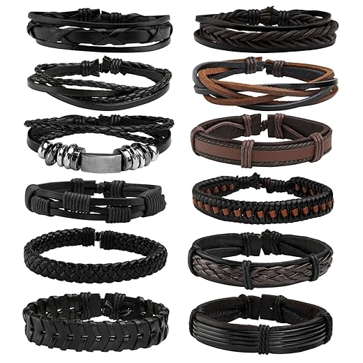 MILAKOO Braided Leather Bracelet for Men Women Cuff Wrap Bracelet Adjustable Black and Brown