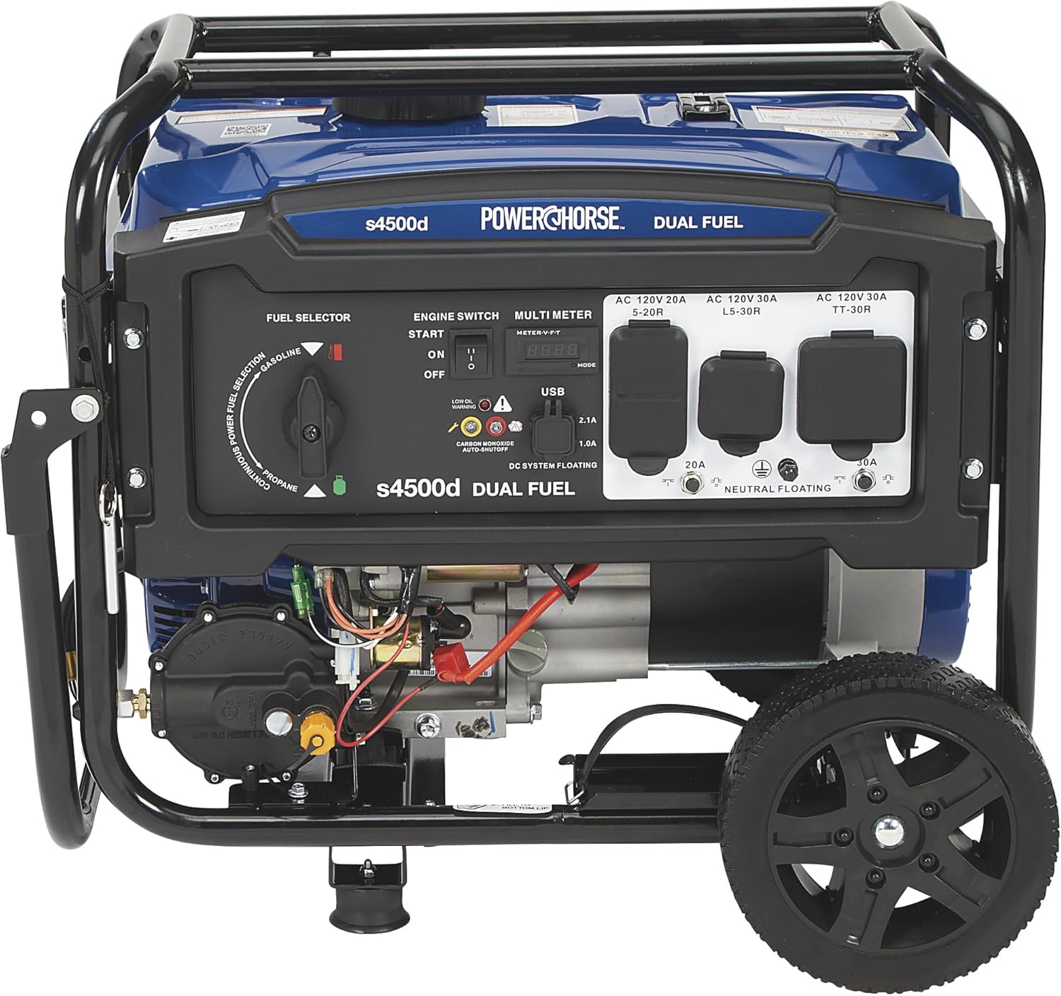 Close-up of the generator's control panel showing outlets, switches, and indicators