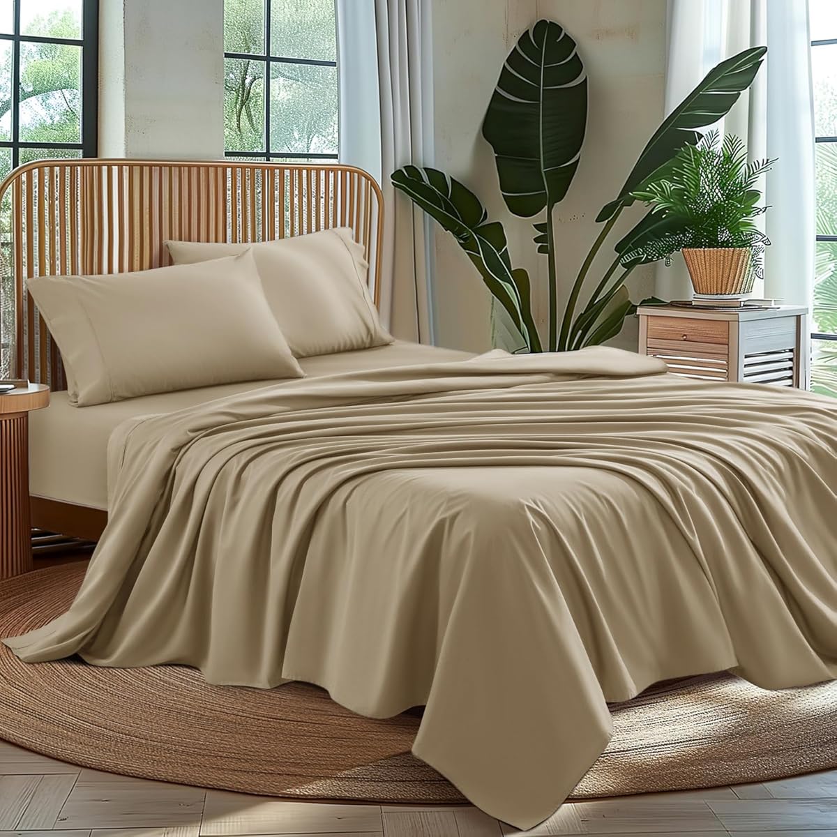 AiAngu 100% Egyptian Cotton Sheet Set 4 Piece, Luxury 1000 Thread Count Queen Sheets, Breathable & Cooling Sheets, 16" Deep Pocket, Machine Washable, Hotel Style Home Bedding(King,Linen)