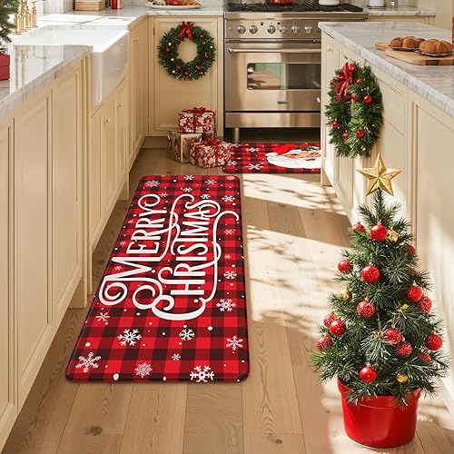 Miniatura 8 de Tapete de cocina de Papá Noel a cuadros de Navidad 2 piezas, antideslizante, impermeable, acolchado, antifatiga, cómodo, tapete de espuma para suelo