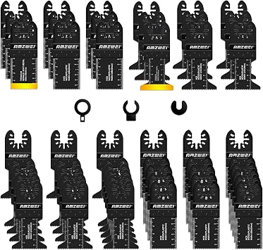 AMZWEI 50PCS Multi Tool Blades,Titanium Multitool Blades for Wood & Metal | Titanium & HCS Oscillating Multi Tool Blade Quick Release Compatible with Bosch,DeWalt, Milwaukee,Makita, Dremel,Ryobi