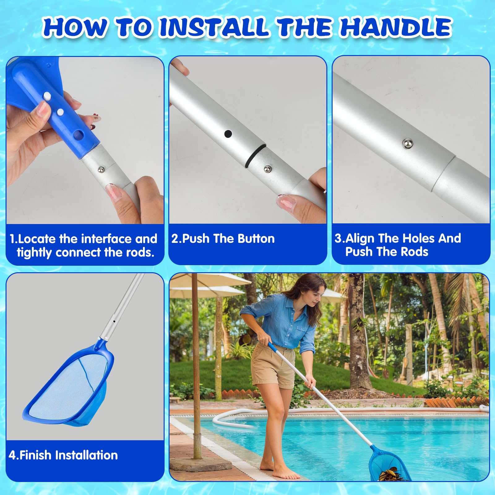 Epuisette Piscine avec Manche Telescopique 2,1 M, Écumoire de Piscine à Mailles Fines avec Brosse, Écumoire à Tamis à Mailles Fines, Kit d'écumoire de Piscine avec Chiffons de Nettoyage pour Piscines