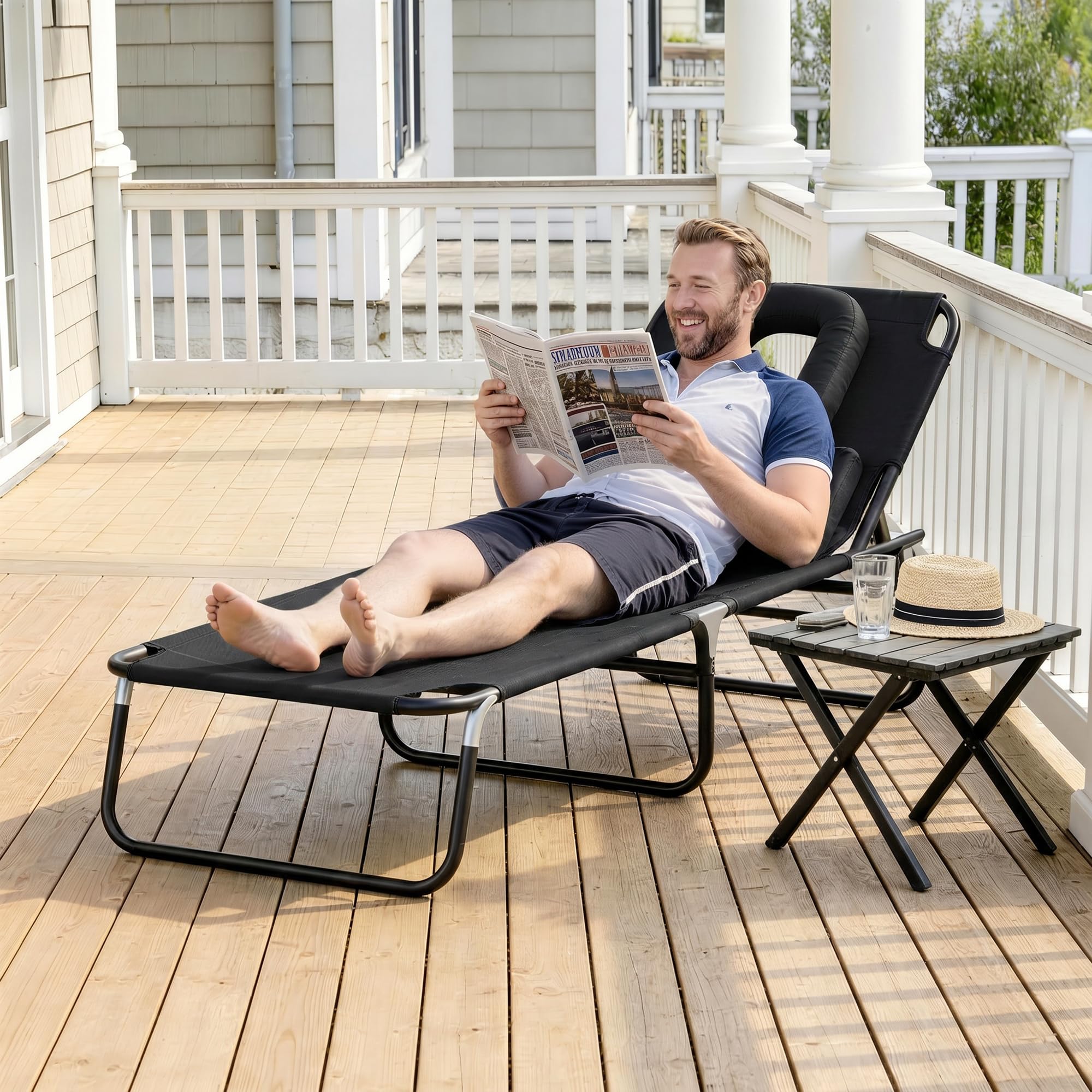 HOMCOM Transat de Jardin Chaise Longue Pliante Bain de Soleil Noir