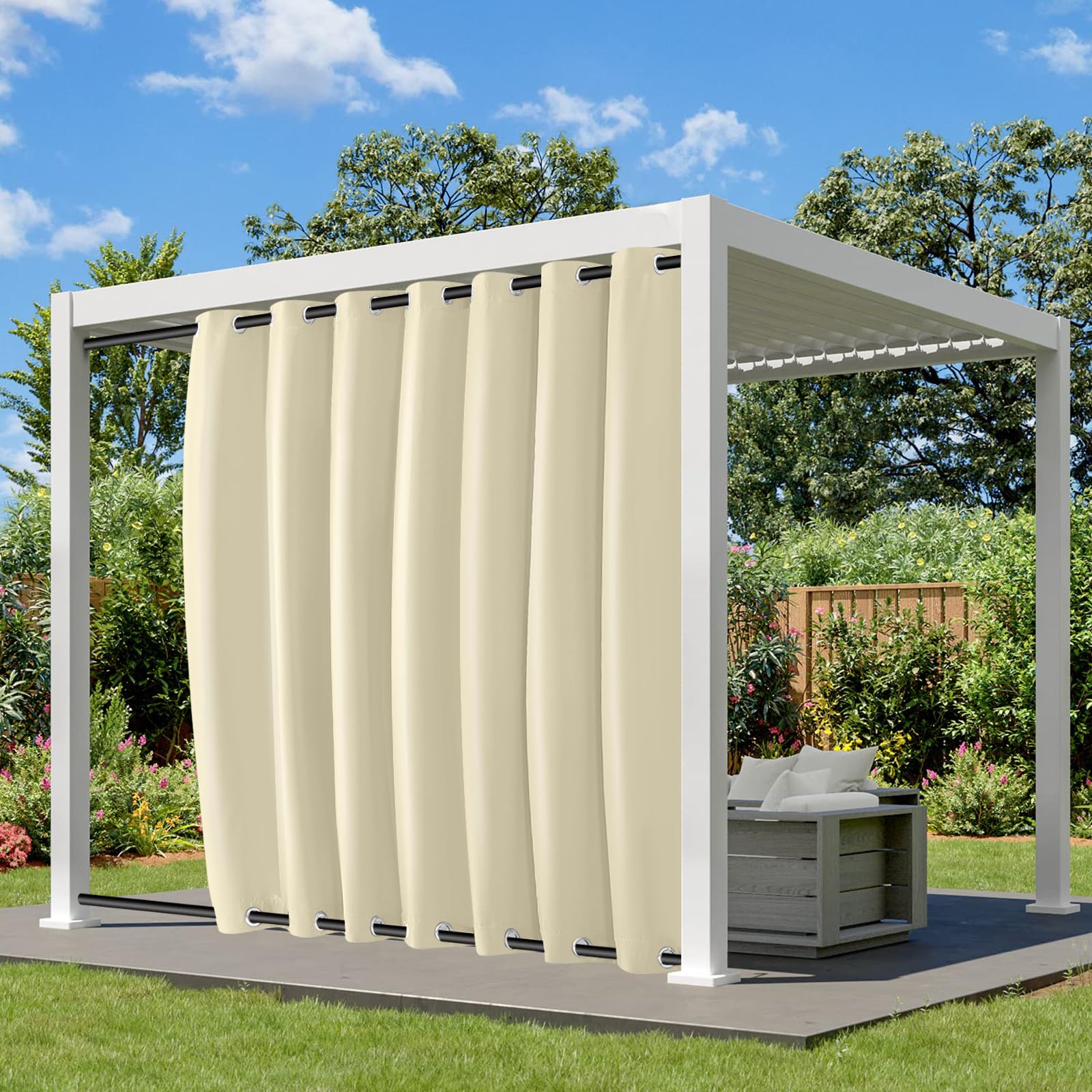 100x96" Waterproof Garden Curtains, Windproof Top & Bottom Patio Panel