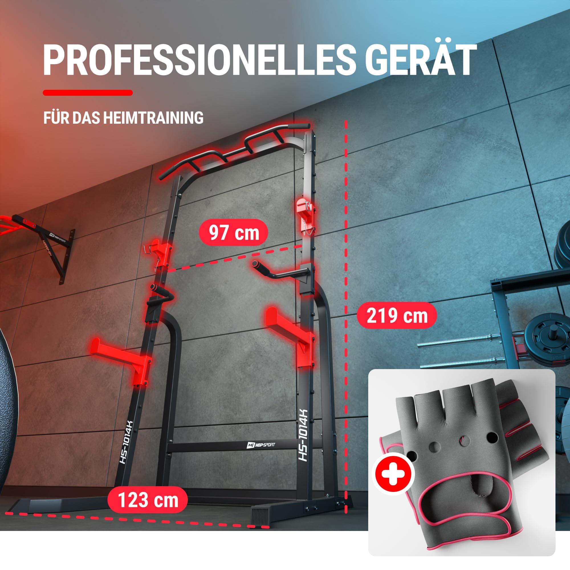 HOP SPORT Kraftturm mit Squat Rack, Kniebeugenständer, Push-Up-Griffen, Dip-Station und Klimmzugstange - robuste Stahlkonstruktion bis 300 kg