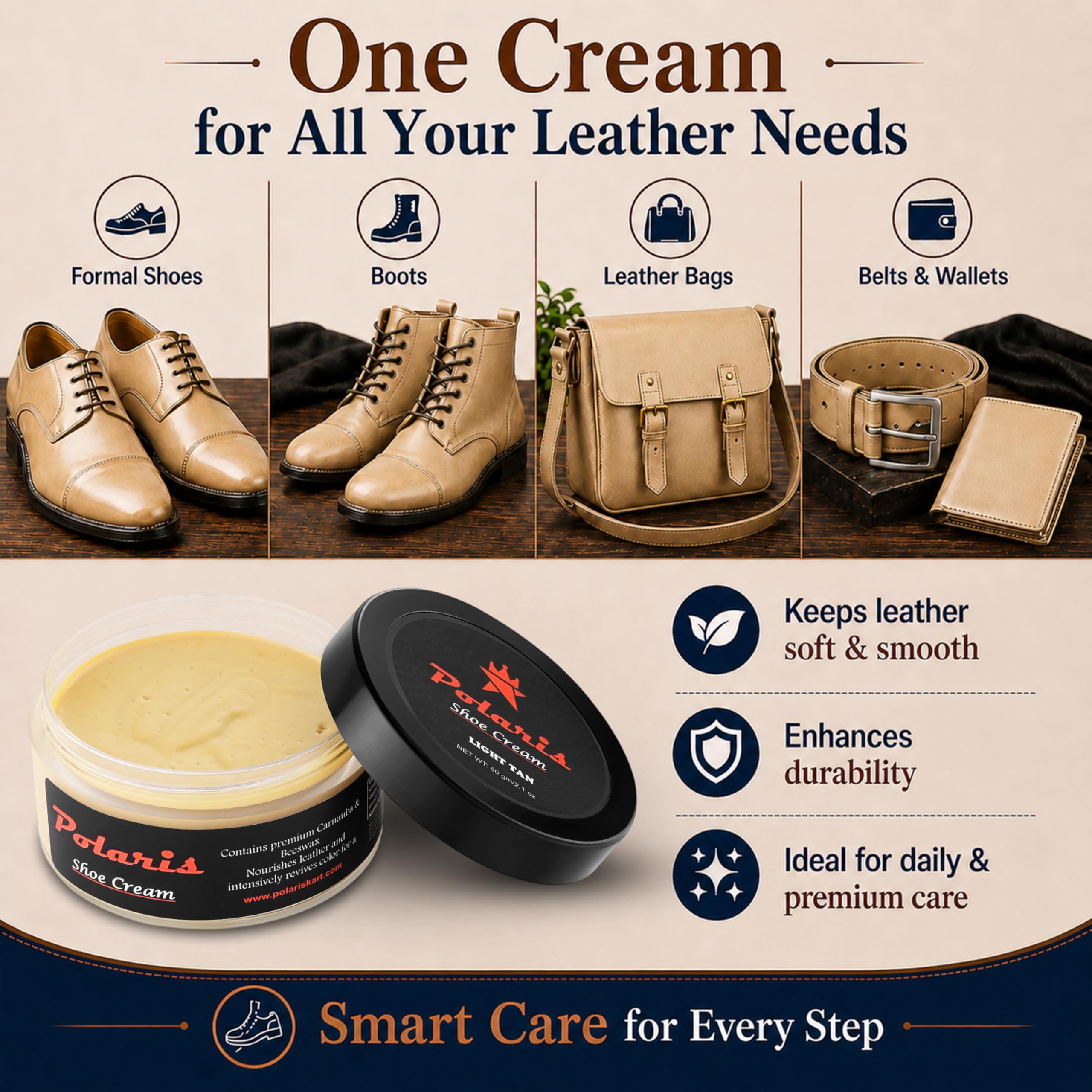 polaris Shoe Cream Light Tan 60gm | Premium Leather Shoe Polish & Shoe Shine Cream | Long Lasting Leather Conditioner Shoes & Shoe Color Restorer for Formal Shoes, Boots, Bags & Belts 2