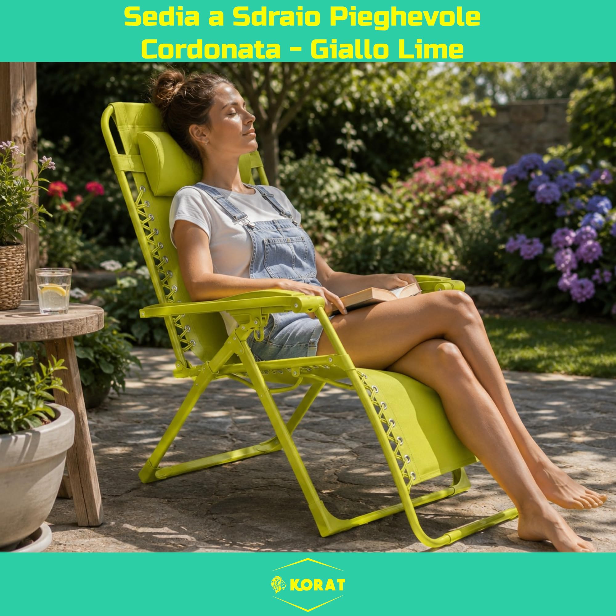 KORAT - Set 4 Sedie Sdraio Pieghevole Reclinabile Zero Gravity da Giardino e Spiaggia, con Poggiatesta e Braccioli, Struttura in Acciaio, Tessuto Oxford Impermeabile, 110x65x90 cm - Giallo Lime