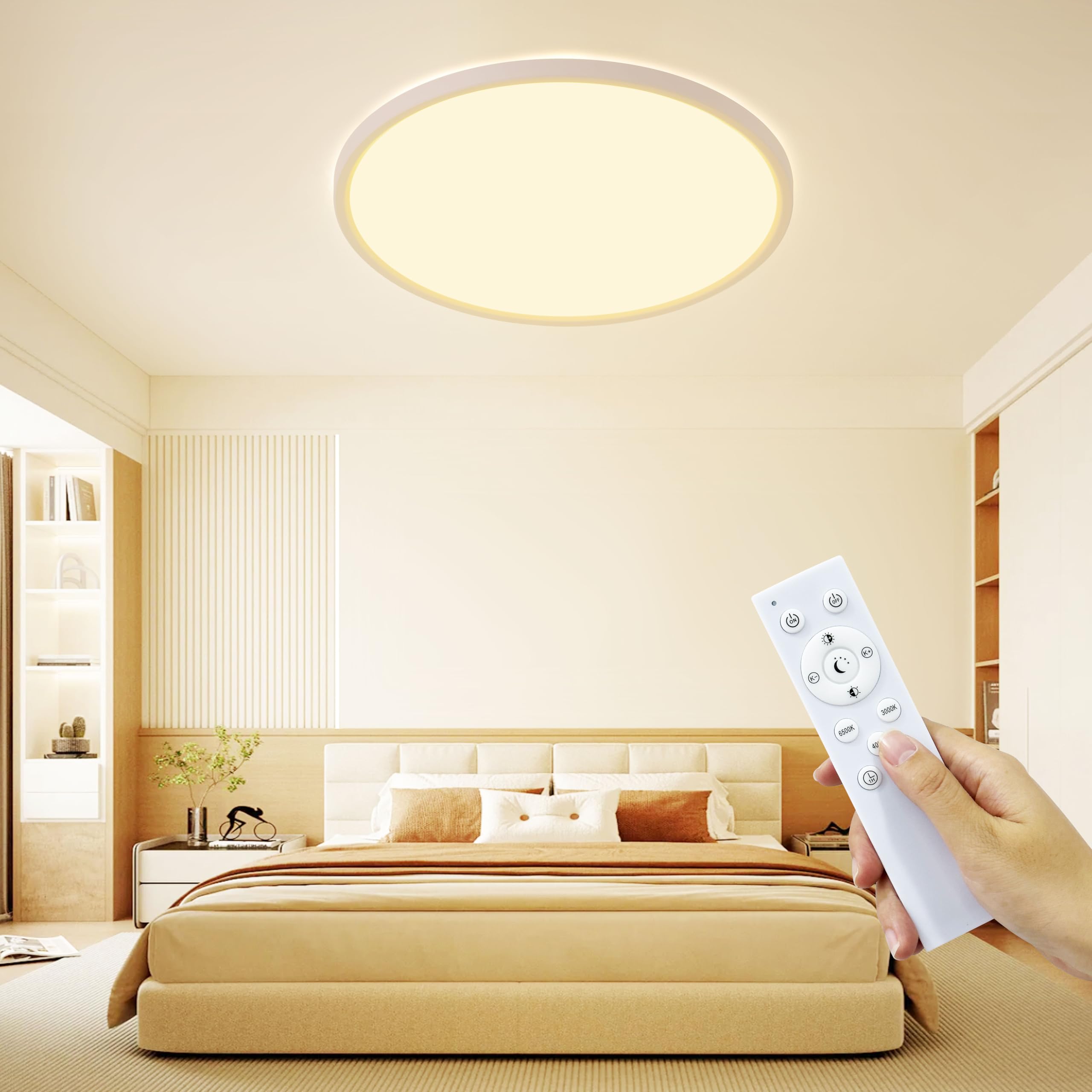 KIWIVIC LED Deckenleuchte Flach, 36W Deckenlampe Dimmbar 3000K-6500K mit Hinterleuchtung, Ultra Dünn Deckenleuchte Rund für Schlafzimmer Kinderzimmer Badezimmer Küche Ø39cm, Weiß