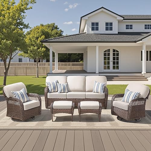 Juego de muebles de patio de 5 piezas, sillas giratorias, sillas giratorias de mimbre para todo tipo de clima, sofá de ratán de 3 plazas con