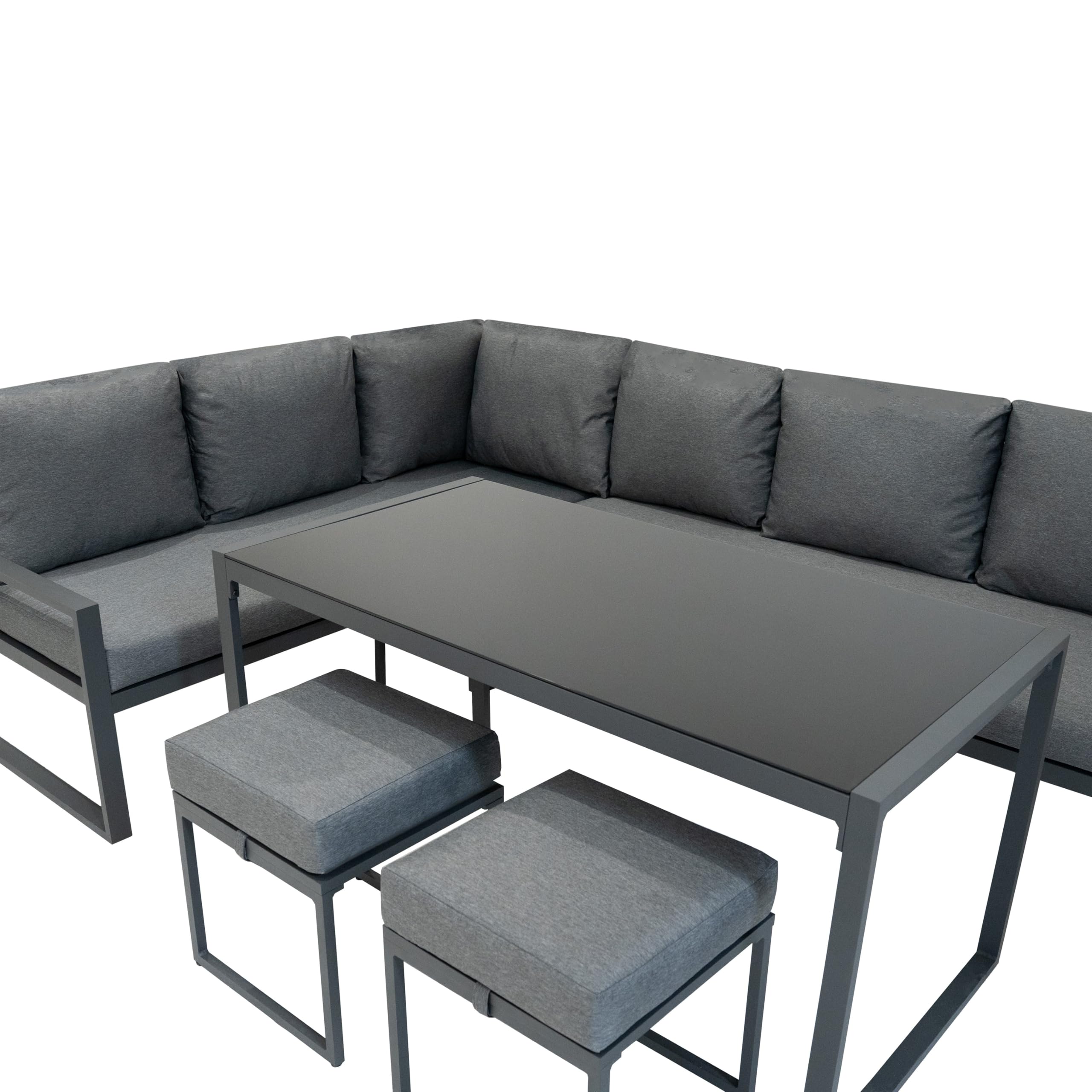 Conjunto Sofá Esquinero de Aluminio 7 plazas | Gris Antracita | Sofa + 2 Taburetes + Mesa con Tapa de Vidrio + Funda Impermeable | Cojines Lavables, Diseño Moderno y Resistente para Jardín Terraza