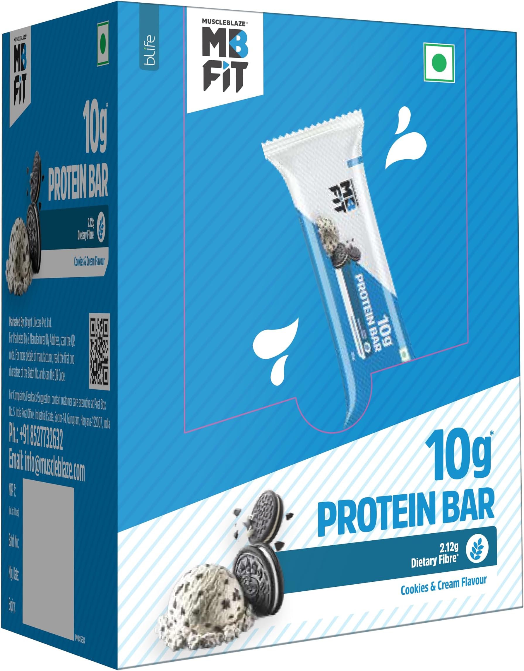 MuscleBlaze 10g Protein Bar (Cookies & Cream, Pack of 6) | Protein Blend, Healthy Protein Snacks | For Energy & Fitness