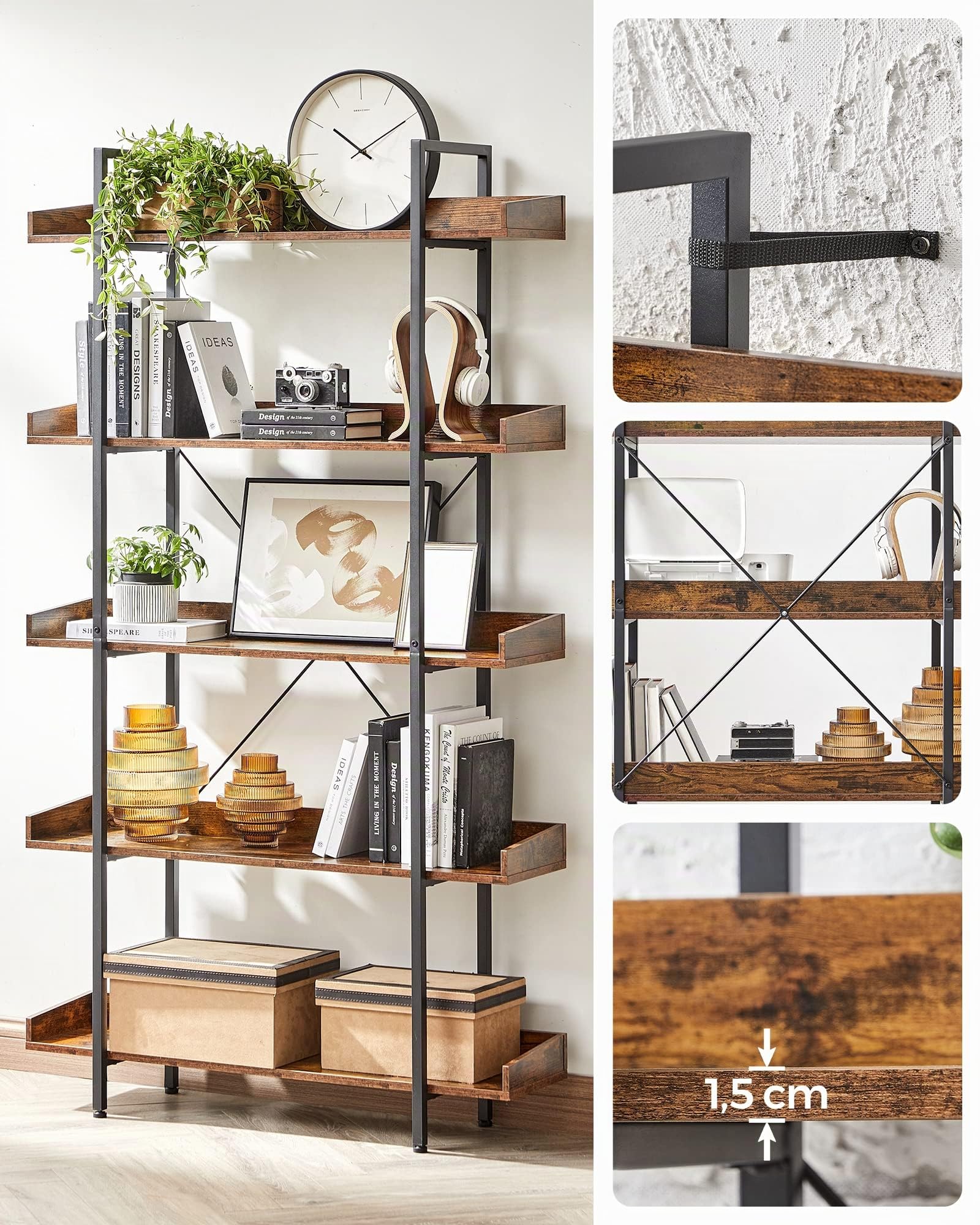 VASAGLE Bibliothèque, étagère à 5 étages, étagères de Rangement spacieuses, Montage Facile, Salon, Chambre à Coucher, Bureau à Domicile, Industrie, Marron Rustique et Noir LLS110B01