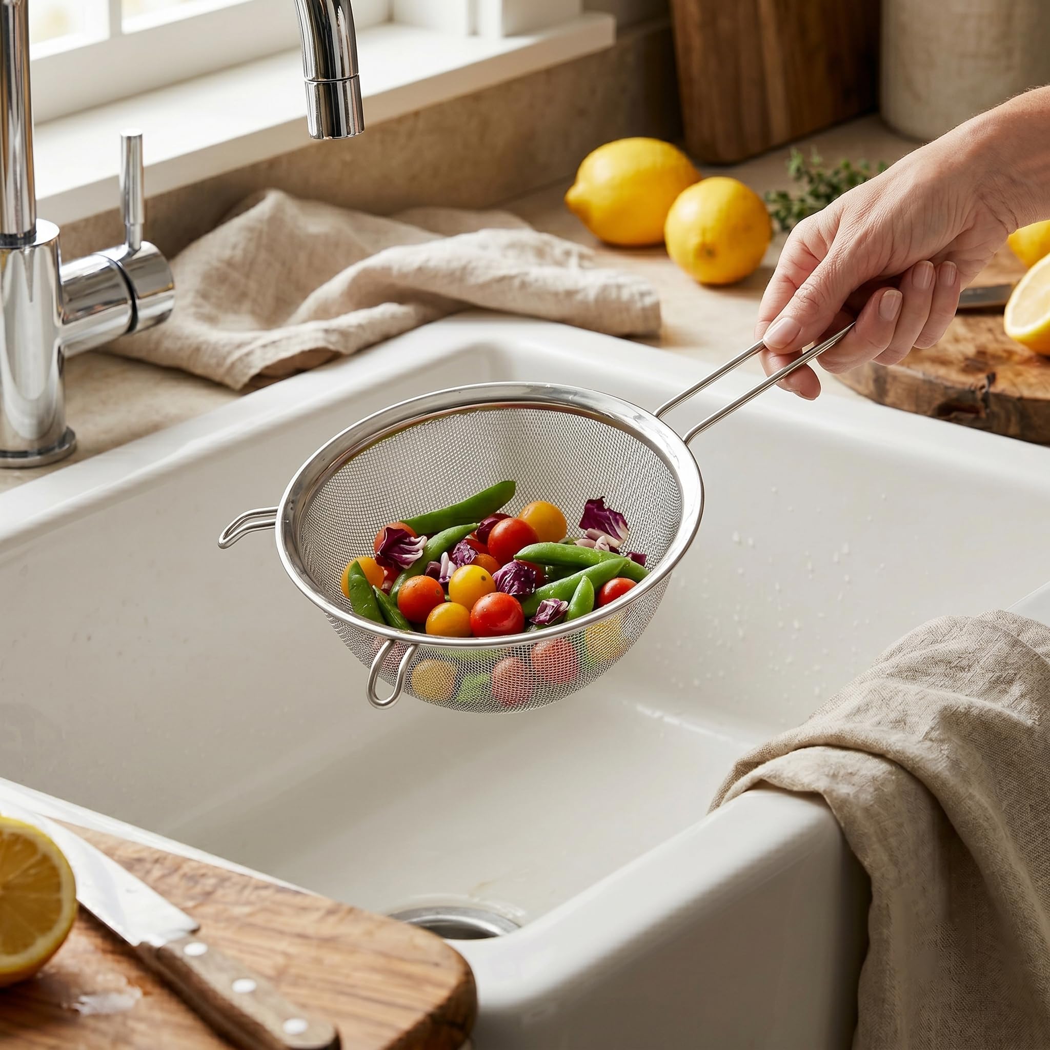 Scolapasta Acciaio Inox Maglia Fine - Colino Acciaio Inox Maglia Fine - Colino Cucina - Scolapasta con Manico, Filtro per Pasta, Riso, Verdura - Scola Pasta da Cucina - 22 cm