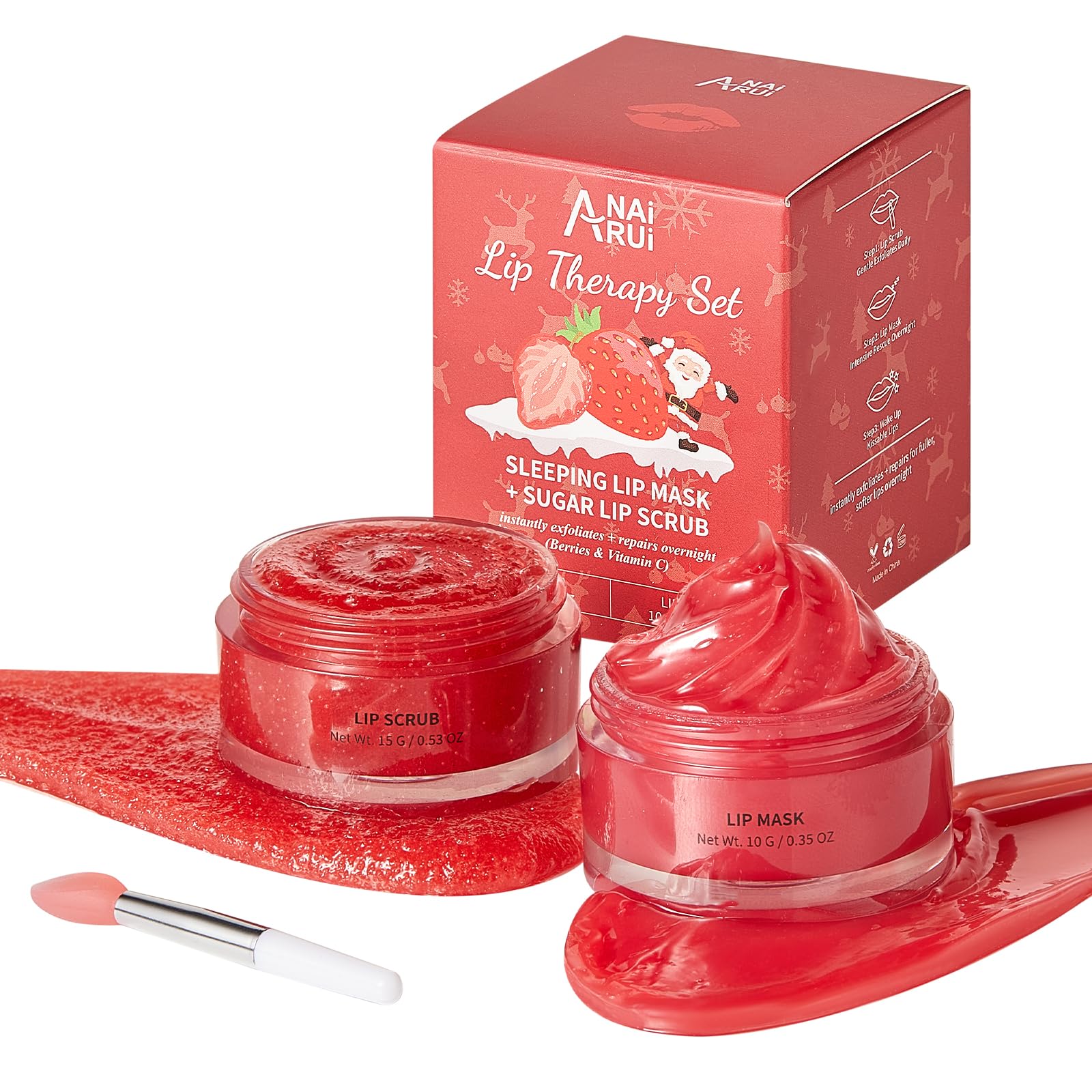 ANAiRUi Christmas Lip Treatment Gift Set, Berries + VC Lip Scrub and Balm Set to Smooth Hydrating Lip - Natural Overnight Lip Mask & Sugar Lip Scrub Exfoliator Lip Care for Dry Cracked Chapped Lips
