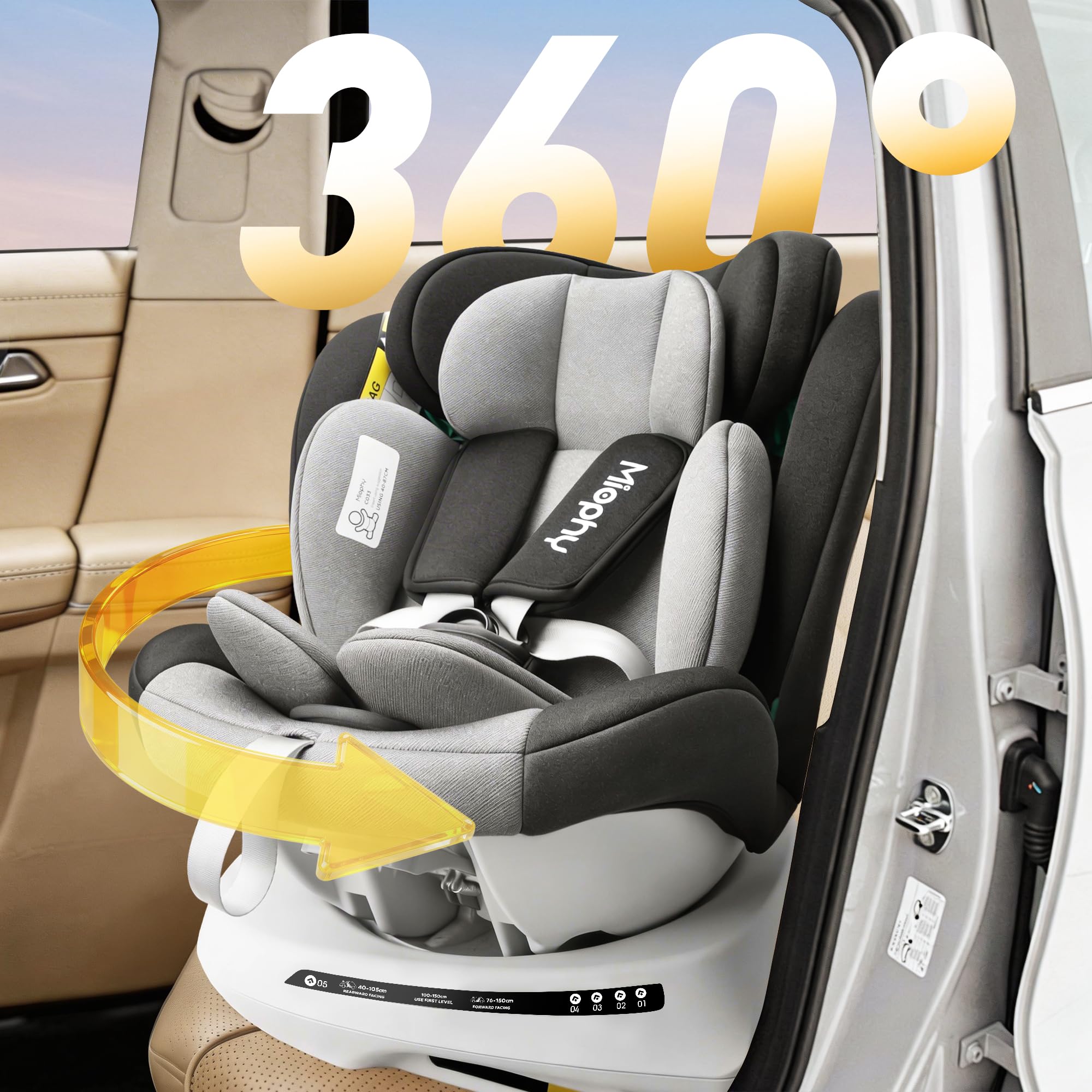 Siège Auto 360 Pivotant, 0-12 ans, 40-150 cm, I-Size Bébé Siège Auto ISOFIX, Groupe 0+1/2/3, Dos à la route jusqu'à 105 cm, 5 Inclinaisons