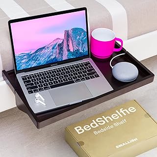 BedShelfie Bedside Shelf for Bunk Bed & Top Bunk, College Dorm Room Essentials, Loft Bed Accessories, Clip On Nightstand Snack Organizer, Floating Bed Side Table Tray Shelfie Storage - Black Wood Plus