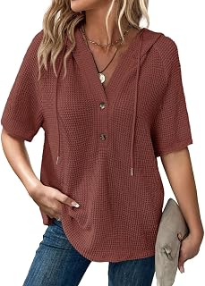 Dokotoo Womens Summer Tops Waffle Knit Short Sleeve Lightweight Drawstring Hoodies Button V Neck Casual Blouses Shirts