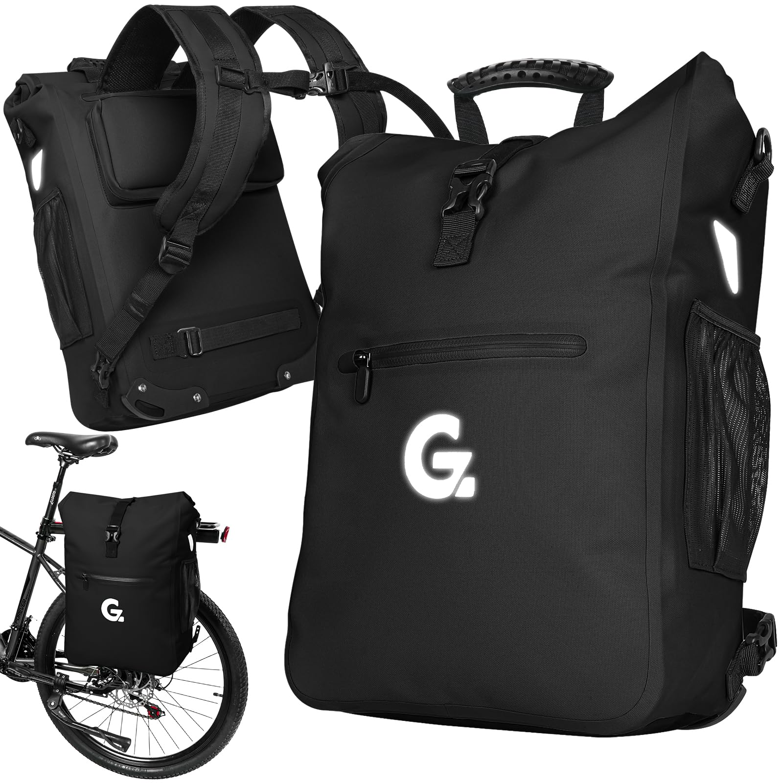 GUOOTU 3in1 Fahrradtasche für Gepäckträger,Fahrradtasche Rucksack 28L,Gepäckträgertasche, wasserdichte & Reflektierende Fahrradtasche - Mit 15.6" Laptopfach (Schwarz)