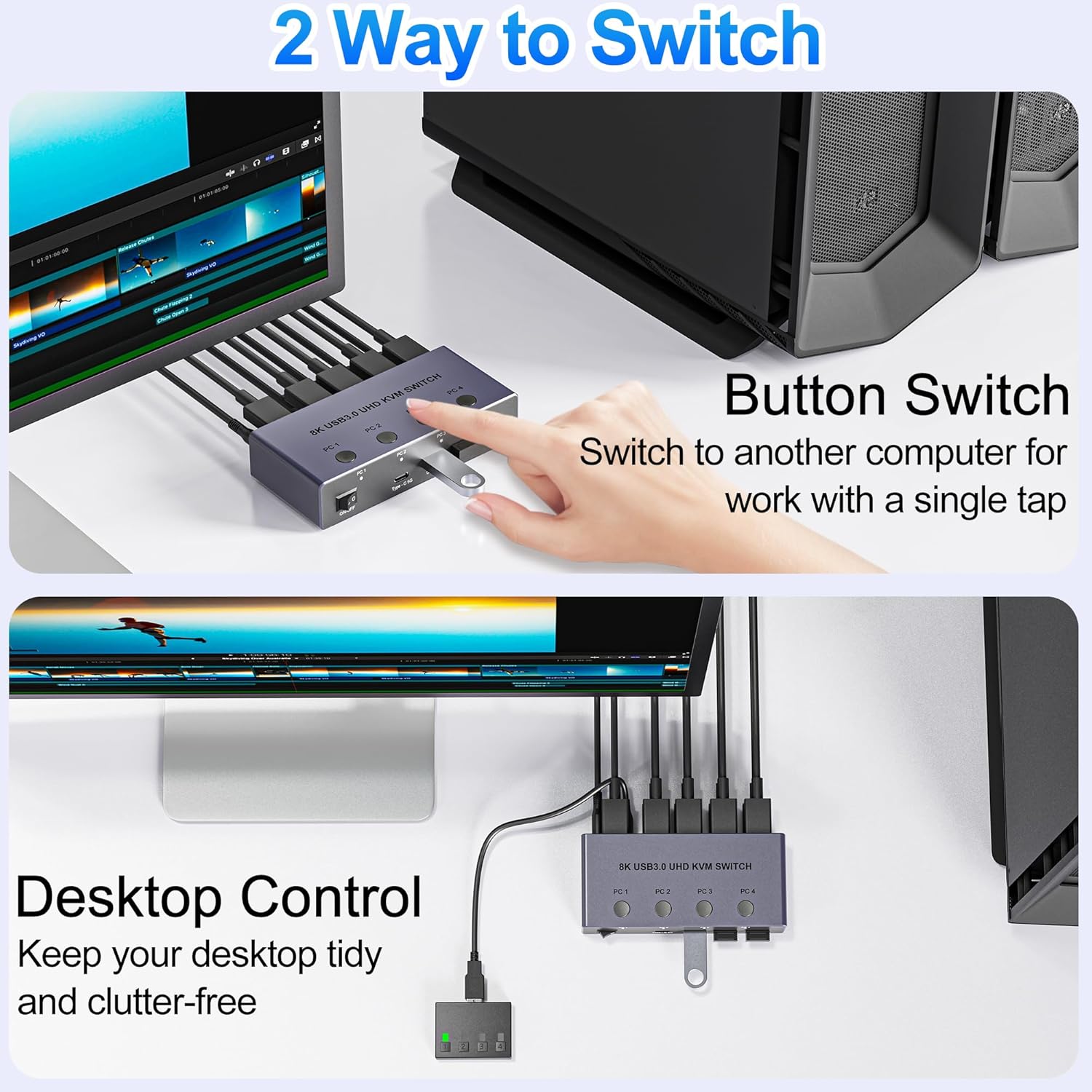 8K@60Hz HDMI KVMスイッチ 4つのUSB 3.0ポートを備えたコンピューター4台 アルミニウムKVMスイッチ モニター