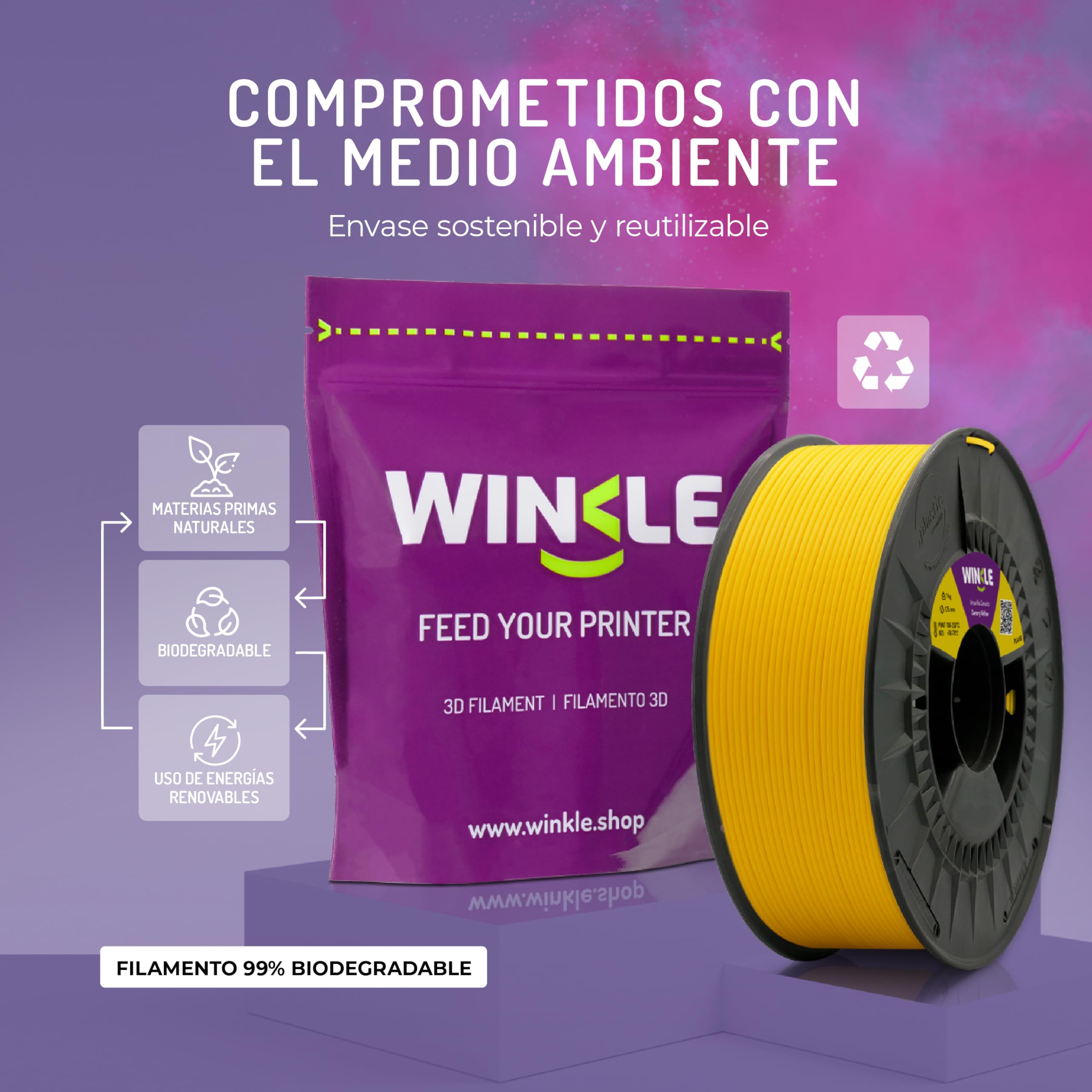 WINKLE Filamento PLA HD Amarillo Canario 1,75mm 300g Bobina Compatible Impresoras 3D