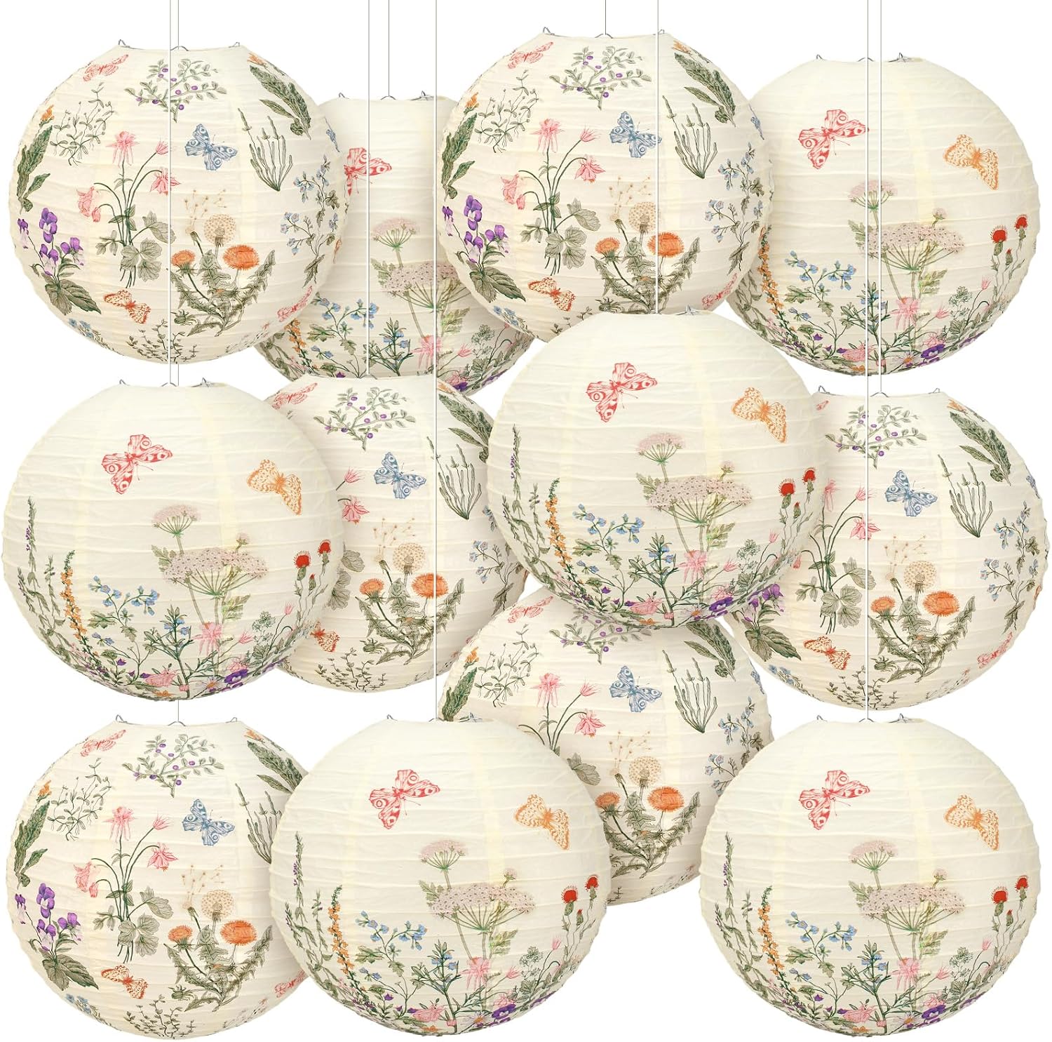 JarThenaAMCS 12Pcs Floral Paper Lanterns Set Party Decorations Vintage Wildflower Butterfly Round Hanging Lanterns for Birthday Wedding Baby Bridal Shower Tea Party Supplies