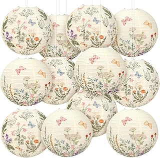 JarThenaAMCS 12Pcs Floral Paper Lanterns Set Vintage Wildflower Butterfl...