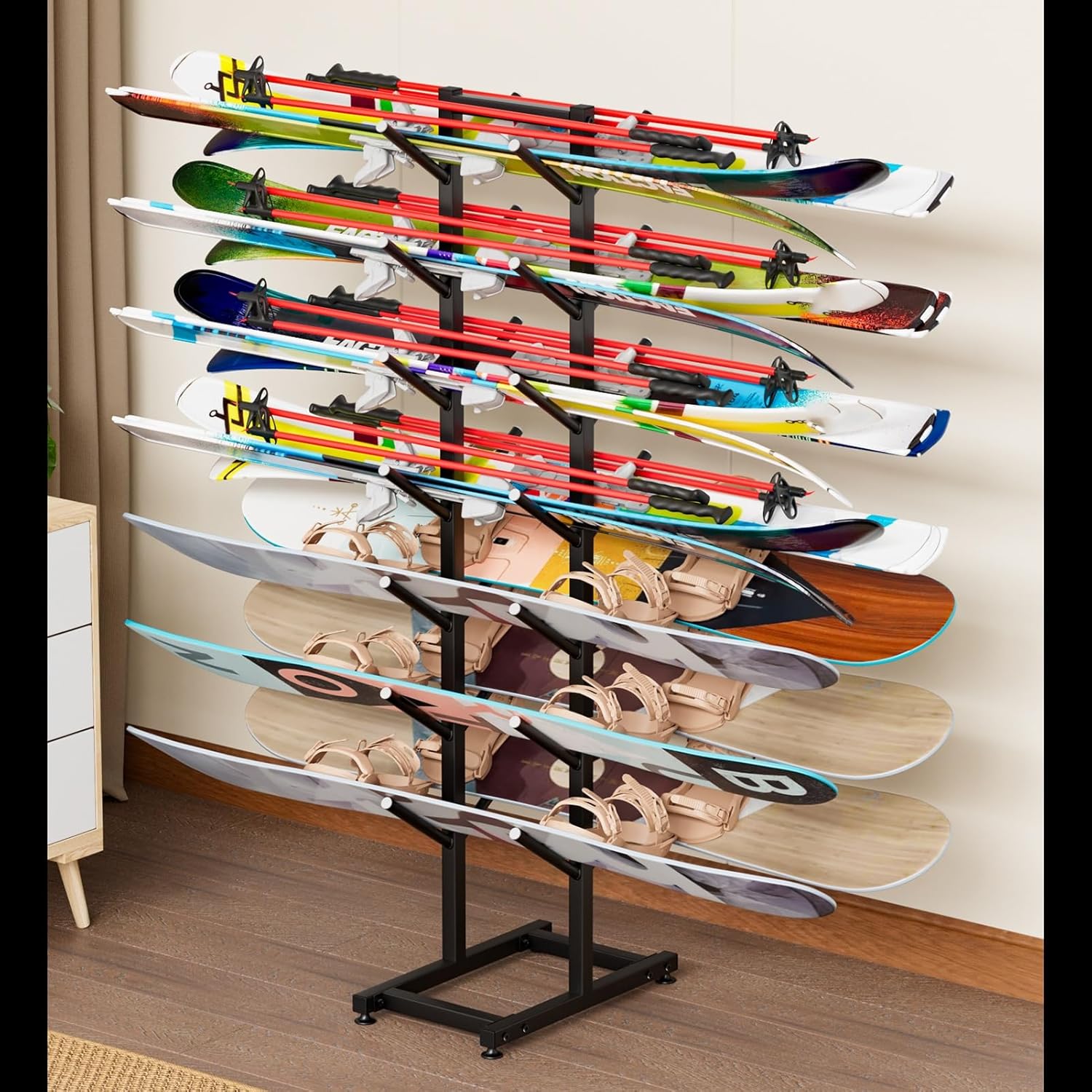 5/7-Layer Snowboard Storage Rack,Double-Sided Skateboards Display Rack with Adjustable Feet,Holds 10/14,100kg Load Capacity,for Garages Clubs