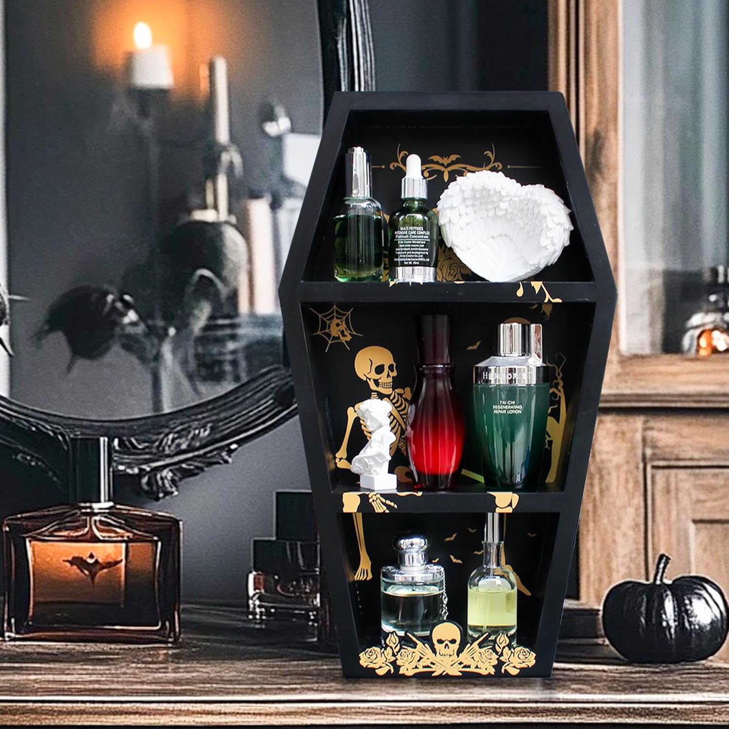 Large Coffin Shelf, Coffin Bookshelf, Gothic Goth Home Room Decor, Emo Horror Room Decor, Curio Coffin Decor Essential Oil Trinket Shelf Knick Knack Holder Organizer for Wall