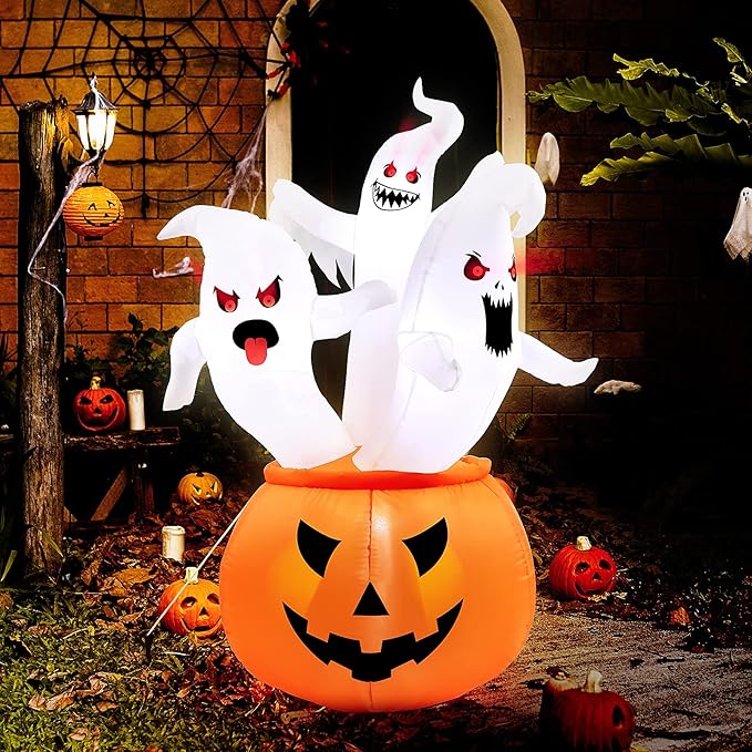 WBHome 5 Ft Blow Up Halloween Inflatable White Ghost with Pumpkin