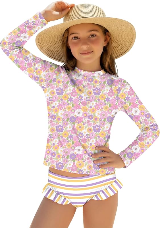Xaatren Girls' 2 Piece Swimsuit Rash Guard Set | Long Sleeve Bathing Suit, Rash Guard Set, for 3T-12Y Girls, Ruffle Bottoms, Cute Summer Swimwear, Surfing, Beach, Pool