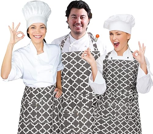Miniatura 5 de LessMo Delantales de cocina con 3 bolsillos para hombres y mujeres, delantal de chef ajustable de algodón de grado profesional para cocina, barbacoa