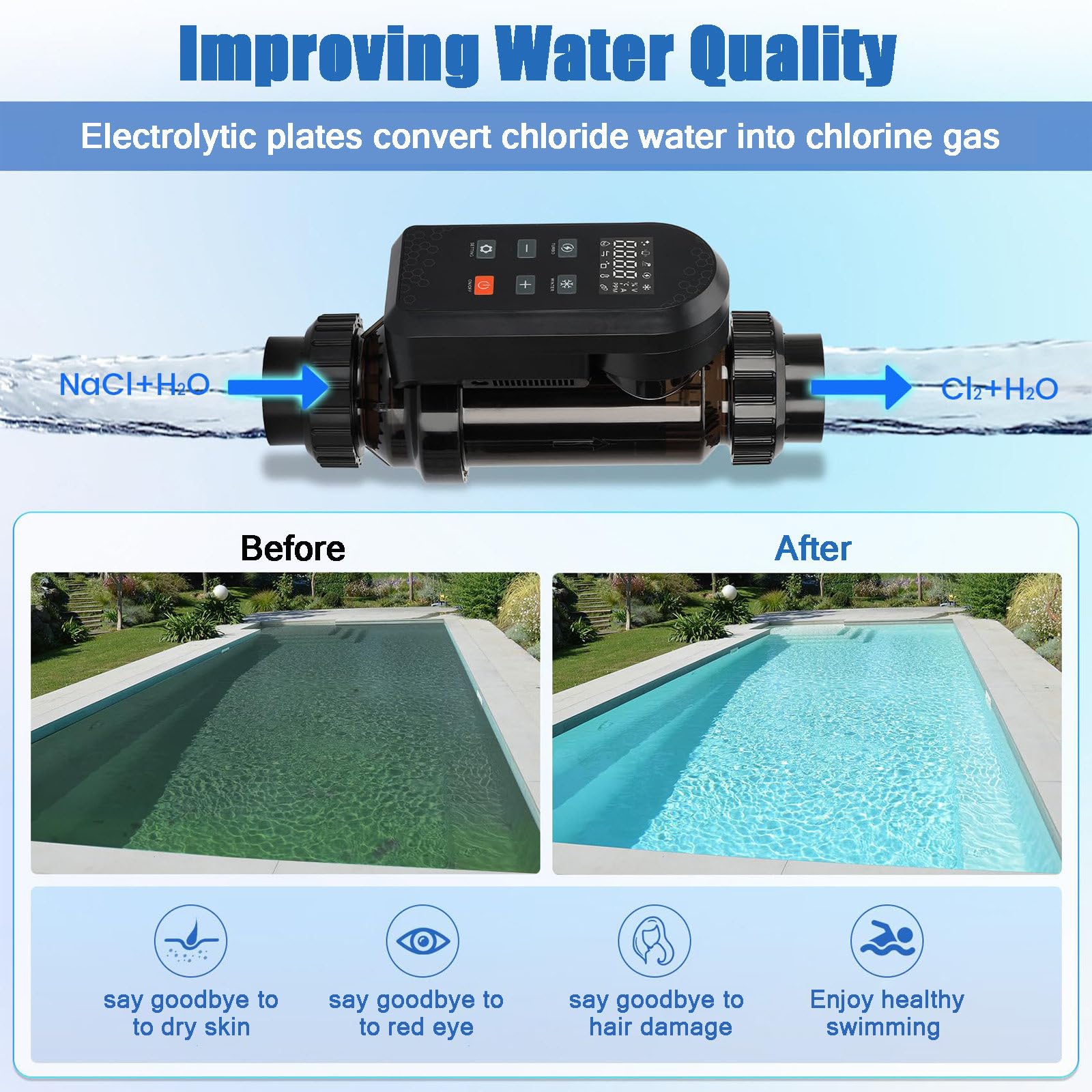 Système de chlorinateur de piscine d'eau salée, générateur de chlore de 40 g/h avec panneau numérique intelligent, pour piscines creusées jusqu'à 50 K gallons