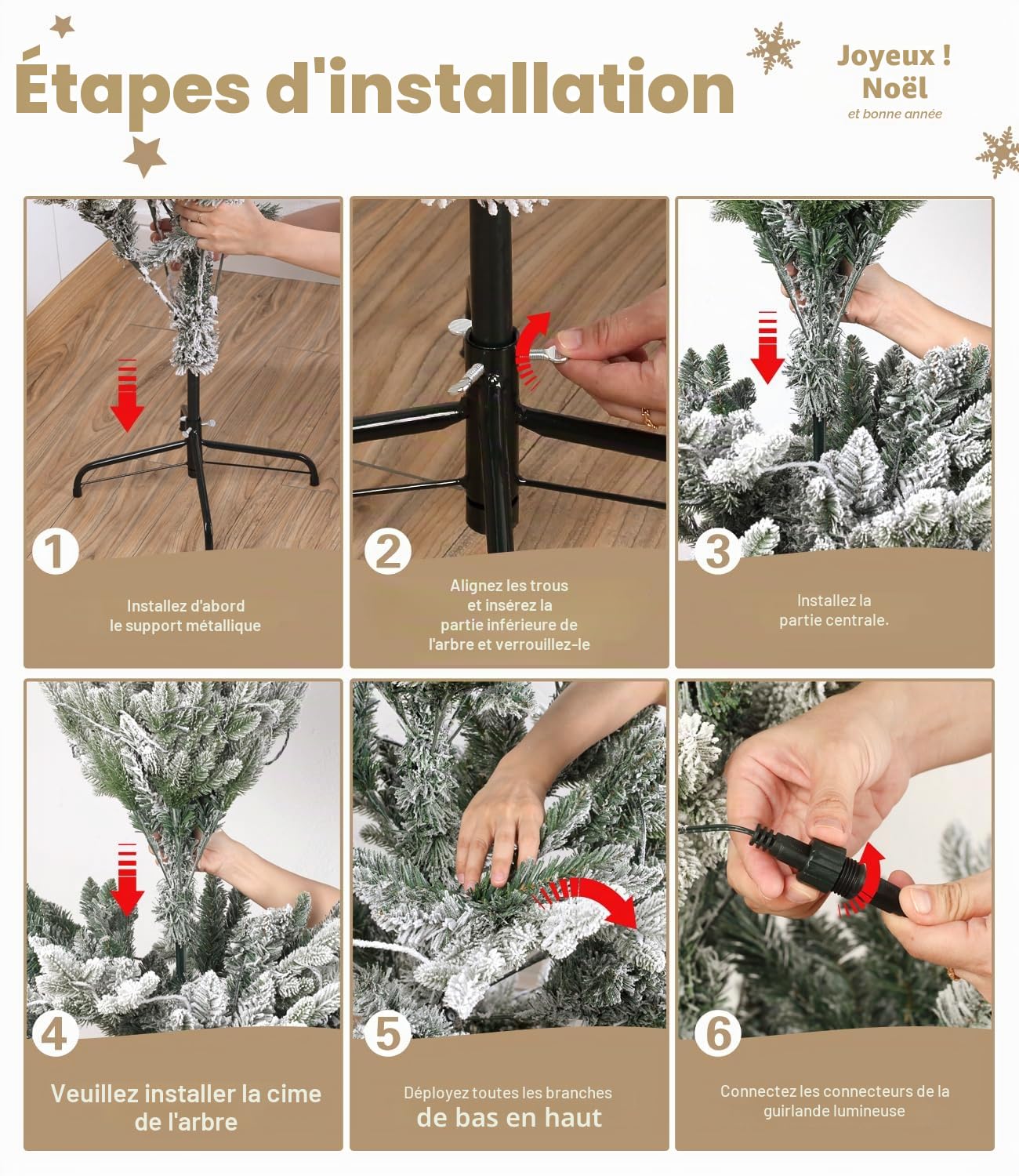 DEWUR Sapin de Noël Artificiel avec éclairage et Neige, Support en métal