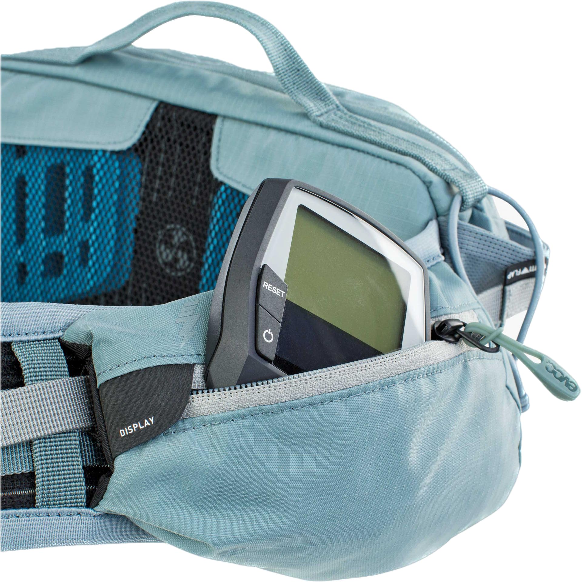 Torba biodrowa EVOC HIP PACK PRO E-RIDE 3 na wycieczki rowerowe i szlaki (pojemność 3 l, AIRFLOW CONTACT SYSTEM, pas biodrowy AIRO FLEX, system VENTI FLAP, koszyk na bidon), kolor: stalowo-szary