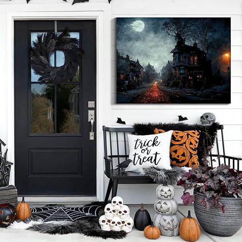 Miniatura 140 de Denozer Lienzo decorativo para pared de Halloween, castillo de terror de 32 x 24 pulgadas, decoración de pared de luna, decoración de otoño de Obra
