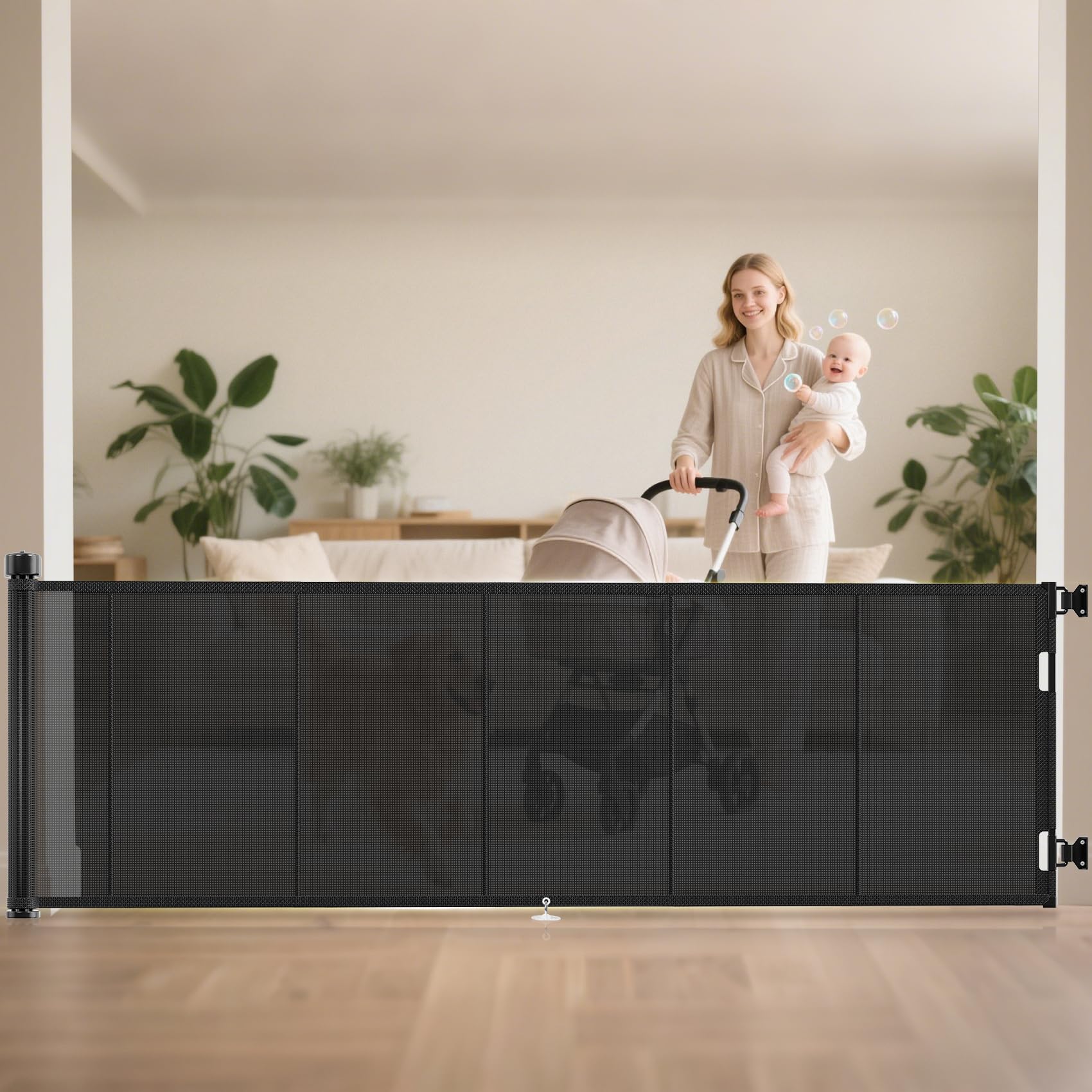 120 inch Retractable Baby Gates 42 inch Tall, Retractable Gate with Reinforced Strip Design to Prevent Crawling Through, 10 FT Extra Wide Retractable Dog Gate for Indoor/Outdoor