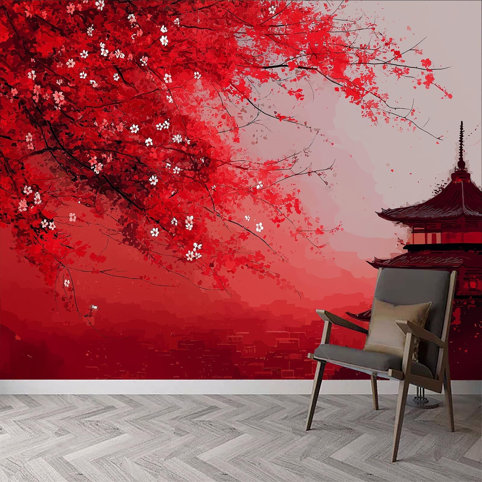 Tradycyjny chiński styl panoramiczny plakat tapeta 450 x 315 cm (szer. x wys.), architektura kwiaty wieża tapeta mural na ścianę akcentującą do sypialni salonu przedpokoju - wodoodporny i zdejmowany