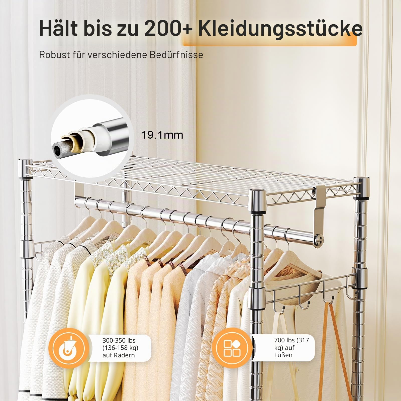 M MZG Robuster rollbarer Kleiderständer mit 3 Ebenen, Verstellbarer Drahtregal, Kleiderständer mit 2 Stangen und seitlichen Haken, Aufbewahrungsschrank Chrom 40 x 75 x 189,3 cm