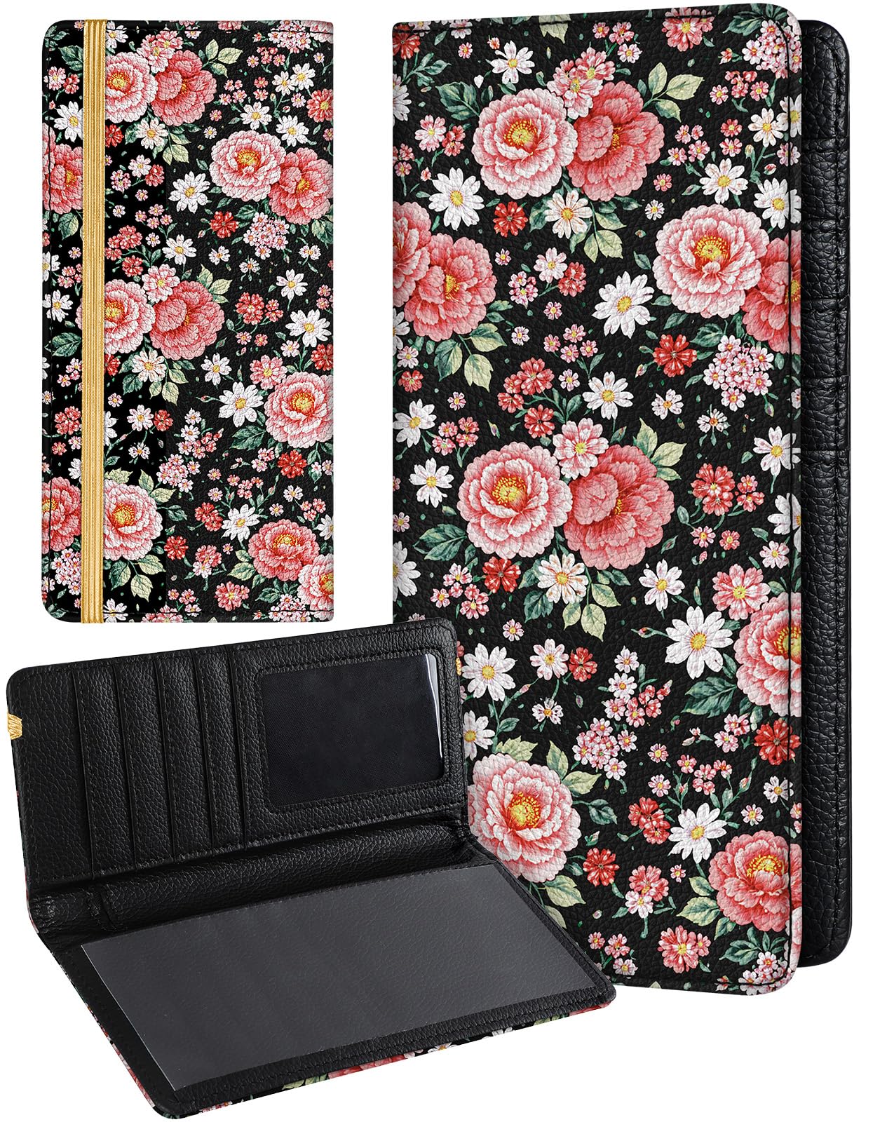 Slohif Checkbook Cover for Personal Duplicate Checks - Women Check Cover Book Wallet Holder Pink Peony Faux Leather Top Side Tear