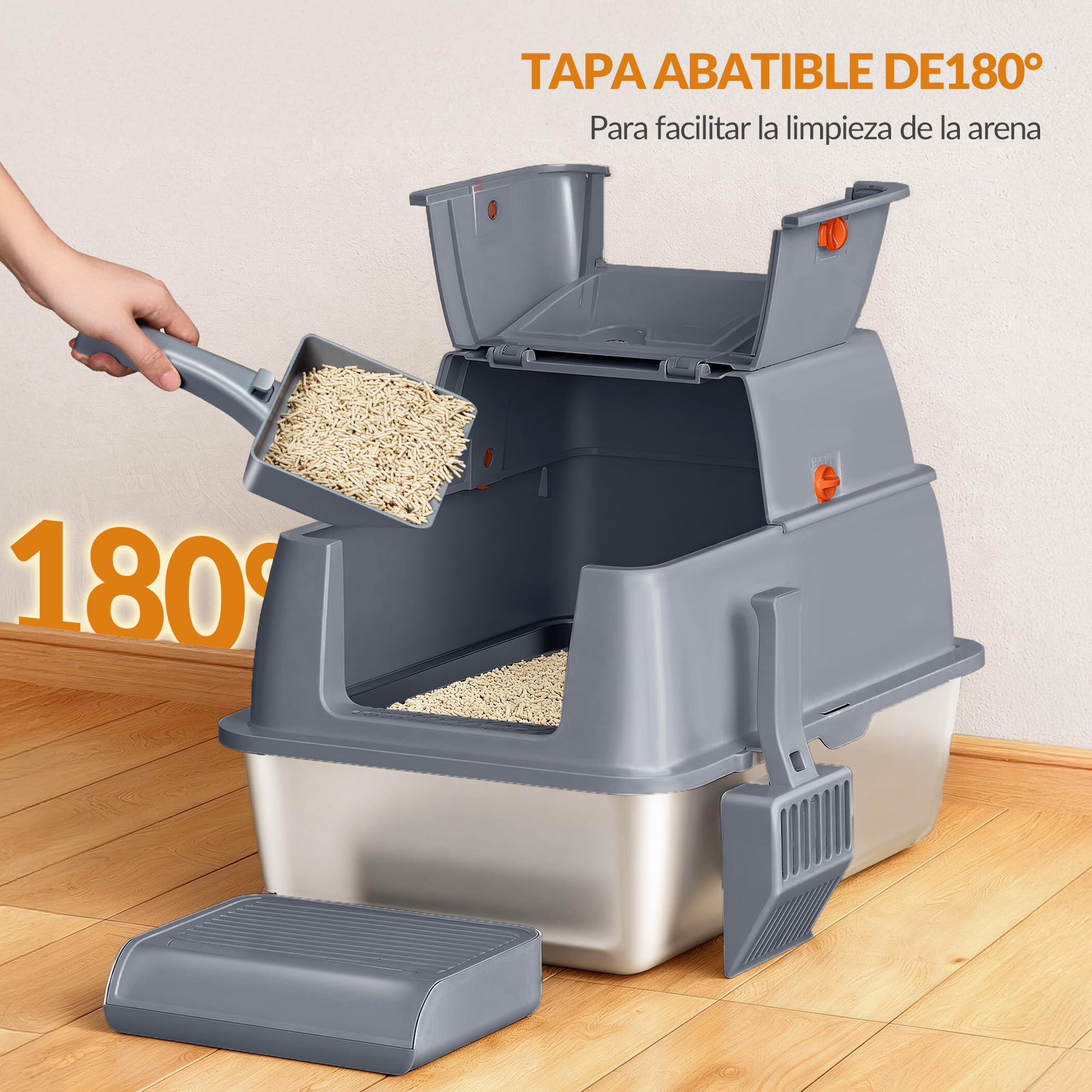 Arenero Acero Inoxidable Gatos XXL, 61 x 41 x 40 cm, Gris Oscuro | Arenero Cerrado para Gatos, con Tapa, Tapa con Bisagra de 180°, Pedal y Pala, Fácil de Limpiar, Diseño Modular FPLB203SG2