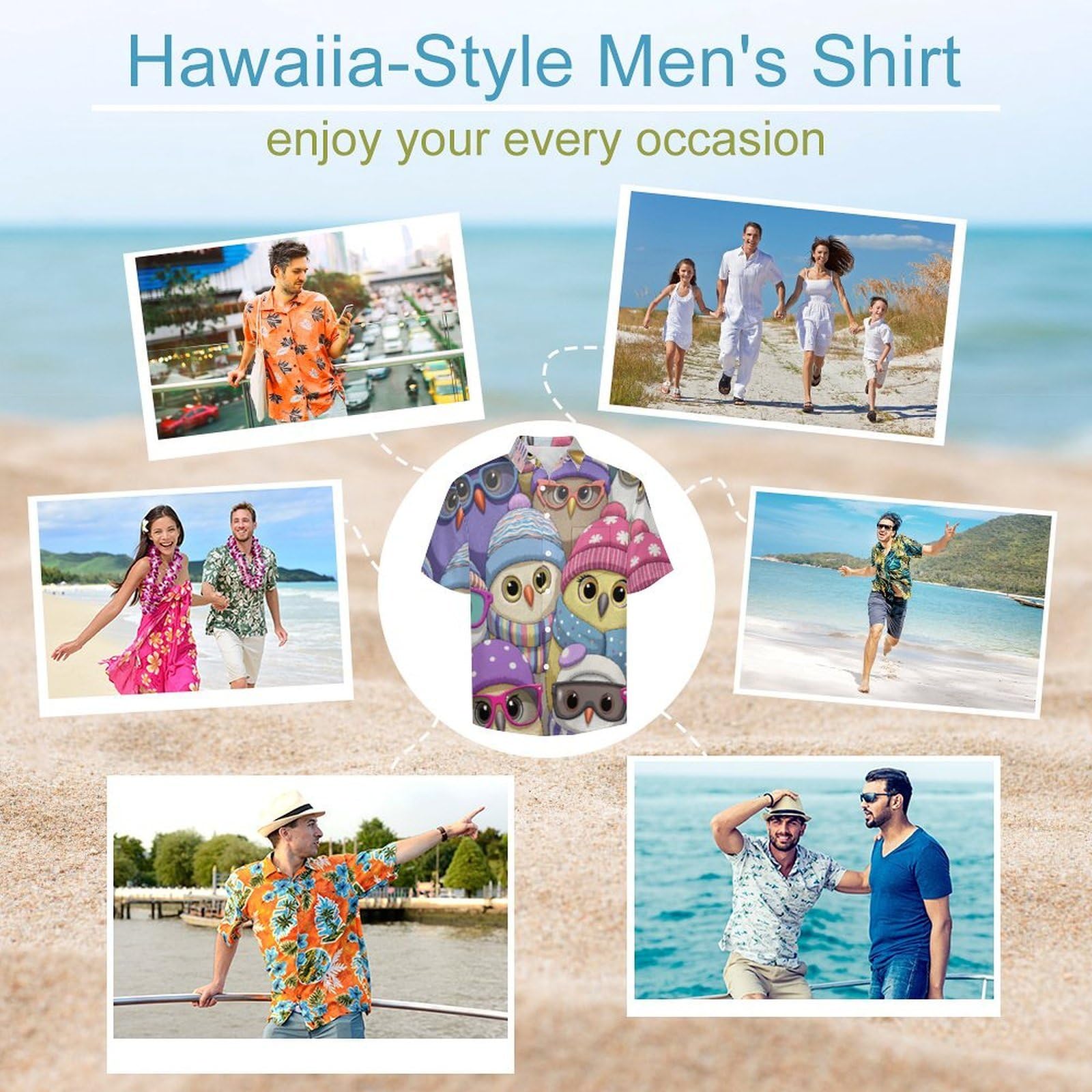 Camicia da Uomo Button Down con Stampa Gufo con Cappello, Cartone Animato Carino Camicia Hawaiana Casual a Maniche Corte Camicie da Spiaggia Camicie da Vacanza
