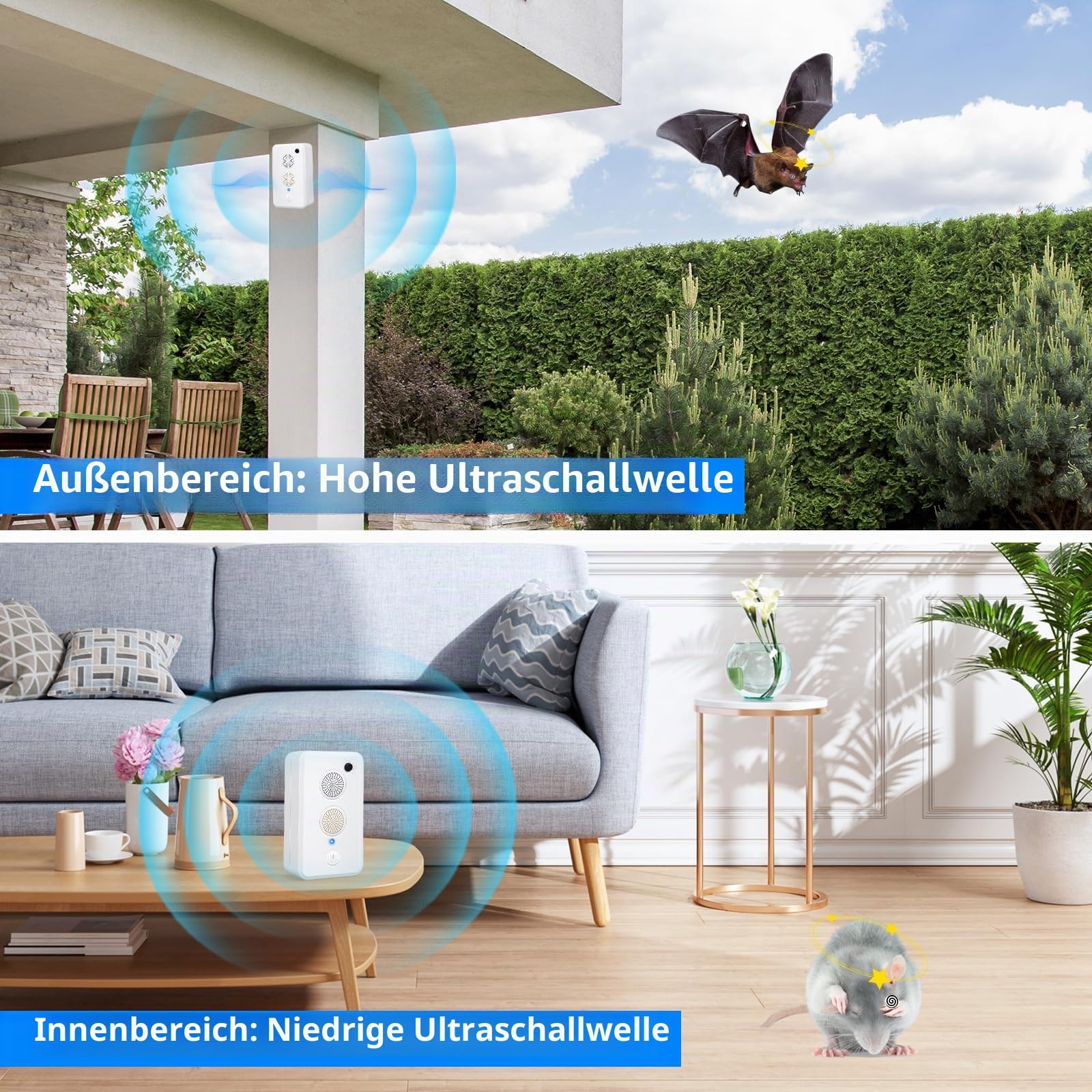 2 Stück 2025 Ultraschall Fledermausabwehr Abschreckung Geräte für Dachboden Elektronisches Fledermaus-Abwehrsystem für Veranda Haus Schädlingsbekämpfung, freundlich für Mensch und Haustier