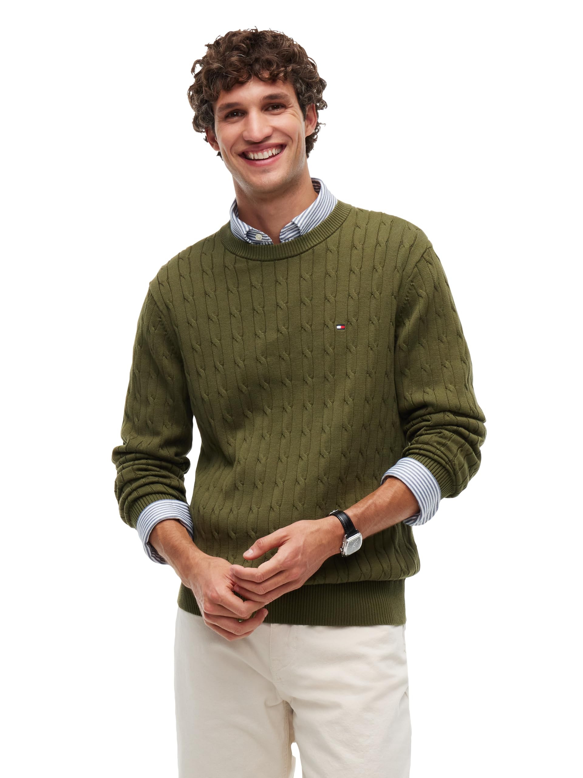 Tommy Hilfiger Men's Cable Knit Crewneck Sweater Lightweight Pullover