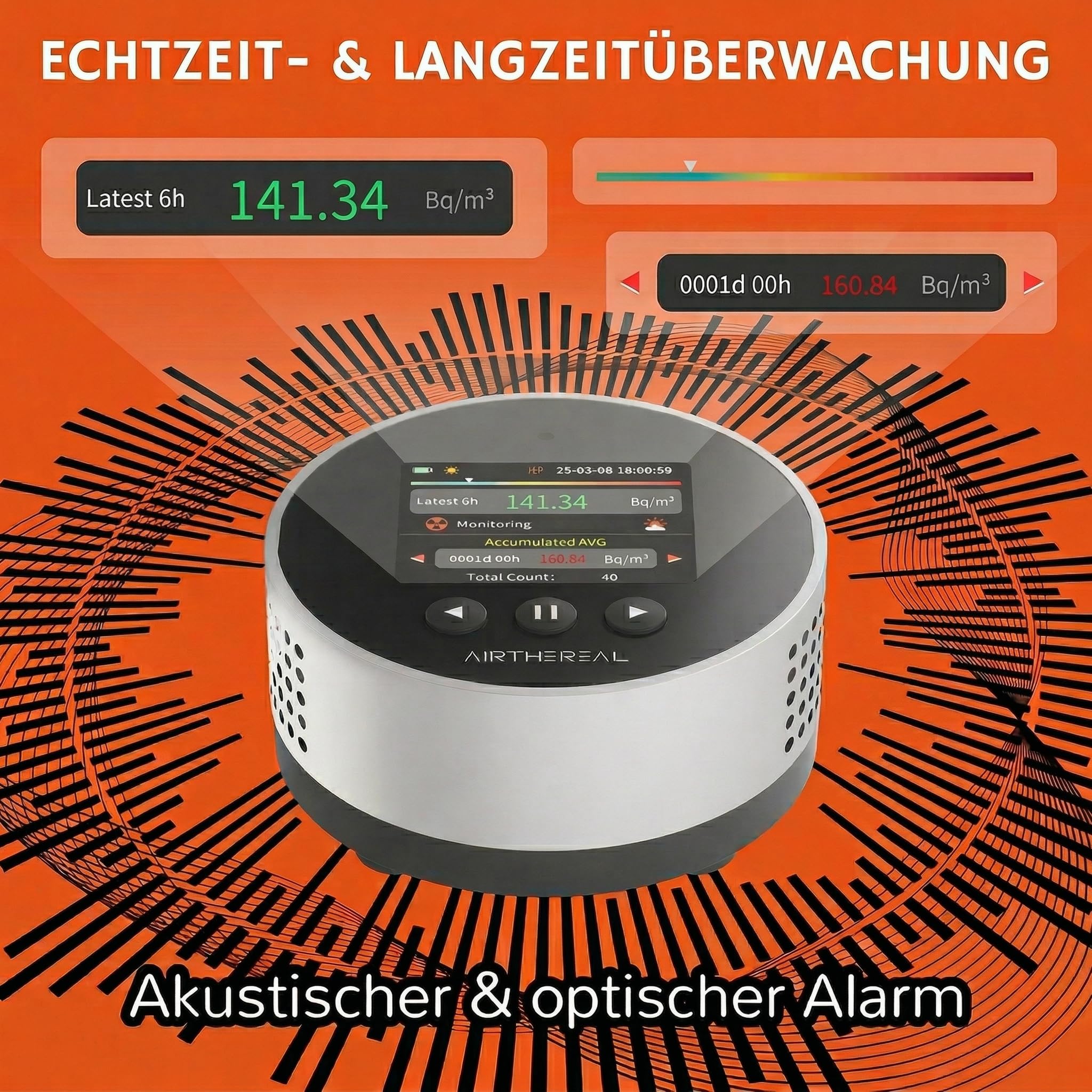 Airthereal Radonmessgerät Tragbar RM63 – Radon-Detektor für Haus & Keller, 504 Tage Langzeit-Datenspeicher, LCD-Farbdisplay, Schnelle 6-Std.-Ergebnisse, Lange Batterie, akustischer & visueller Alarm